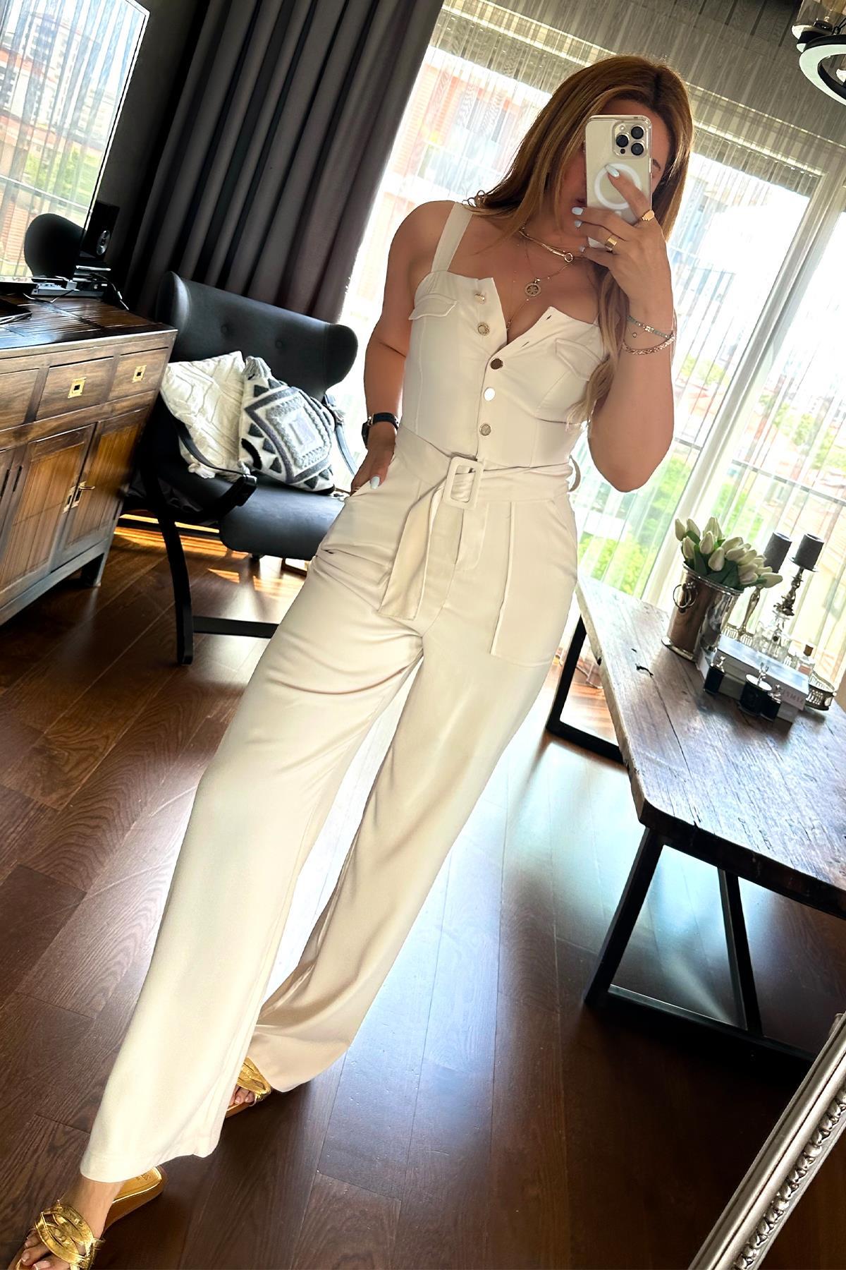 Krep Kumaş Gold Düğme Askılı Tulum Krem