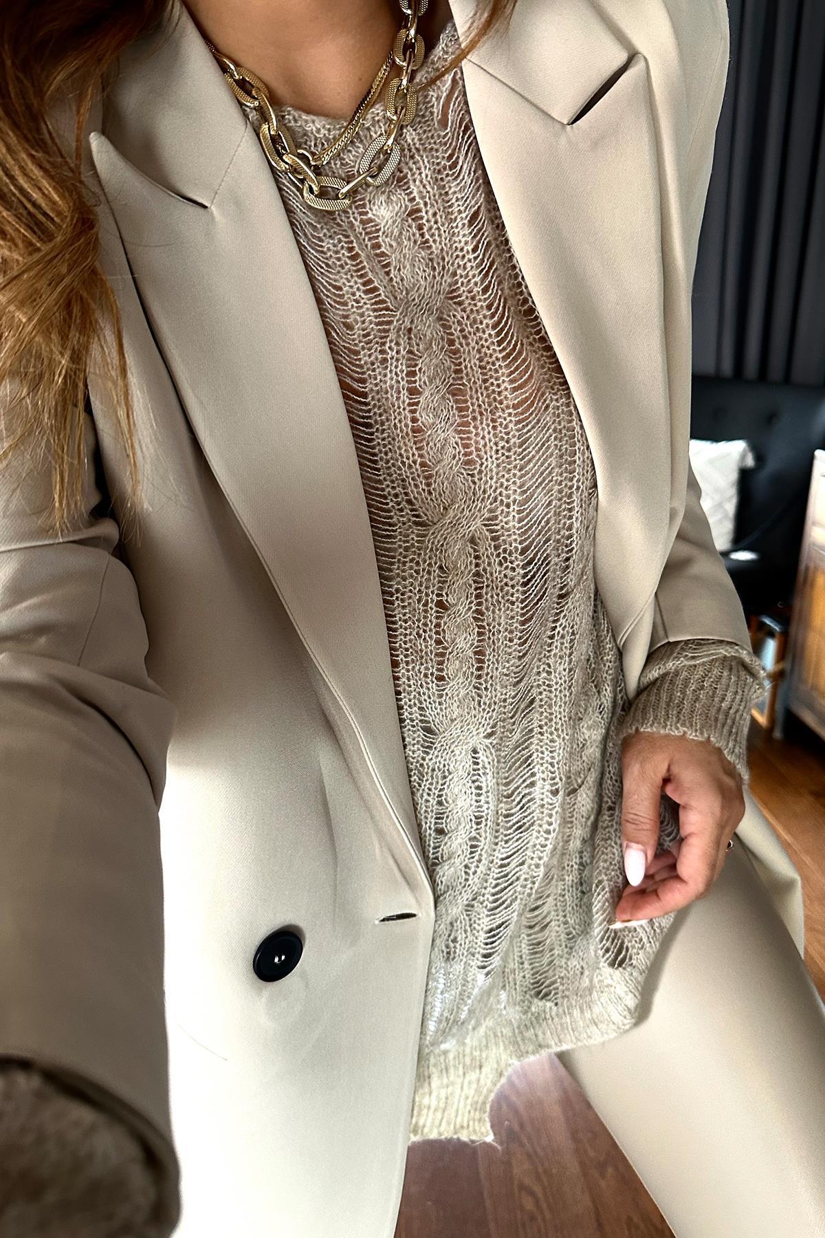 Krep Kumaş İki Düğmeli Blazer Ceket Taş