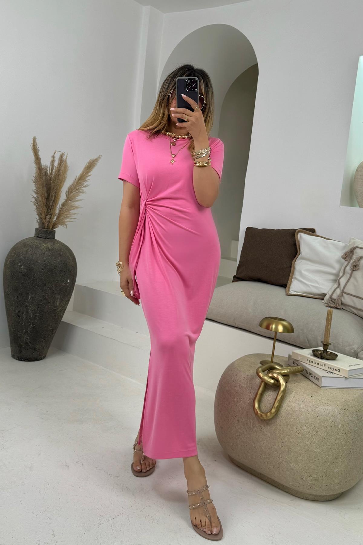 Kumaş Düğümlü Oysho Elbise Pembe