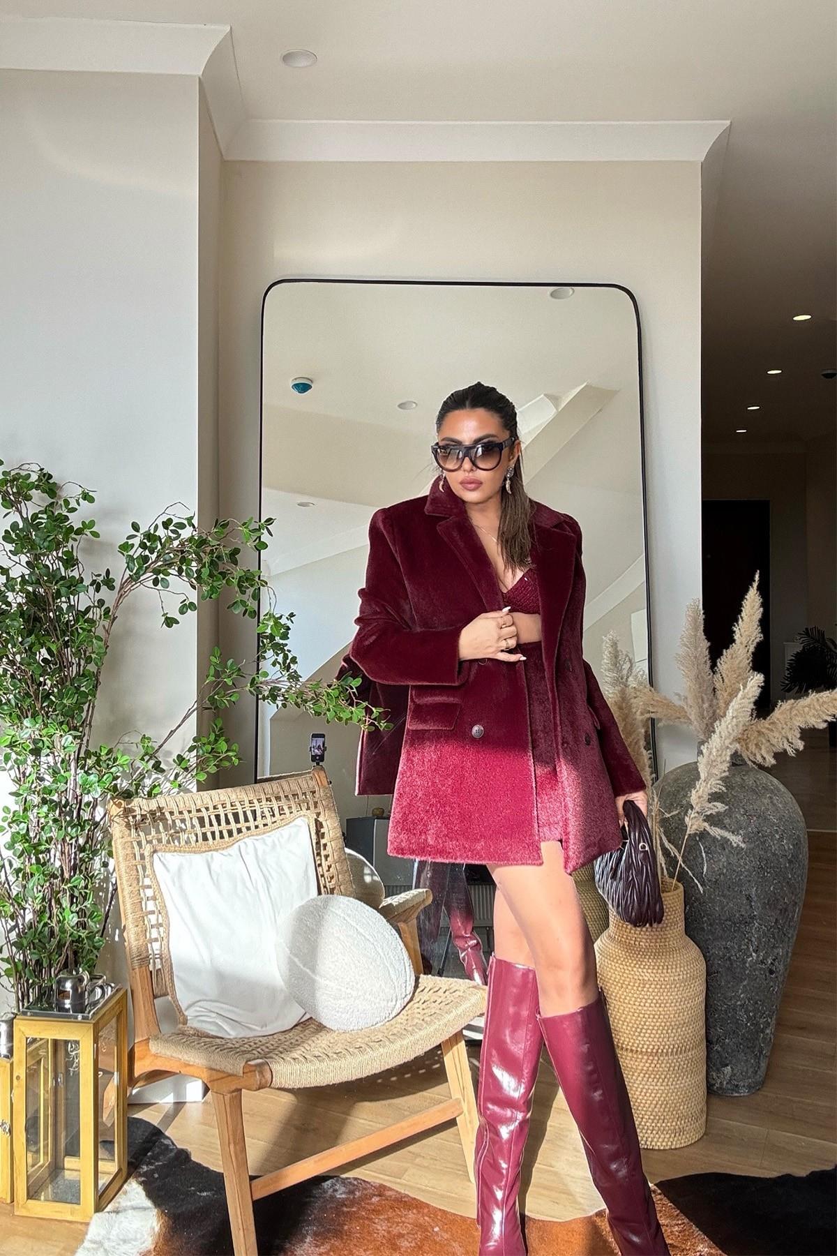 Kürk Efekt Blazer Ceket Bordo