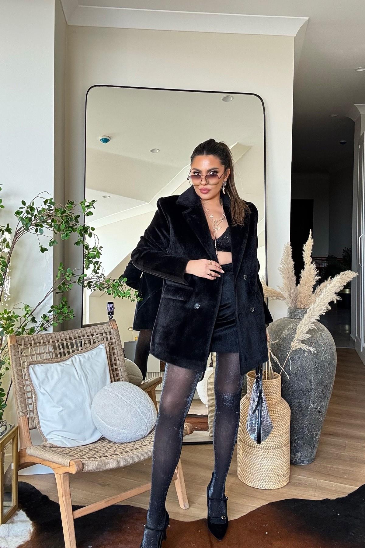 Kürk Efekt Blazer Ceket Siyah