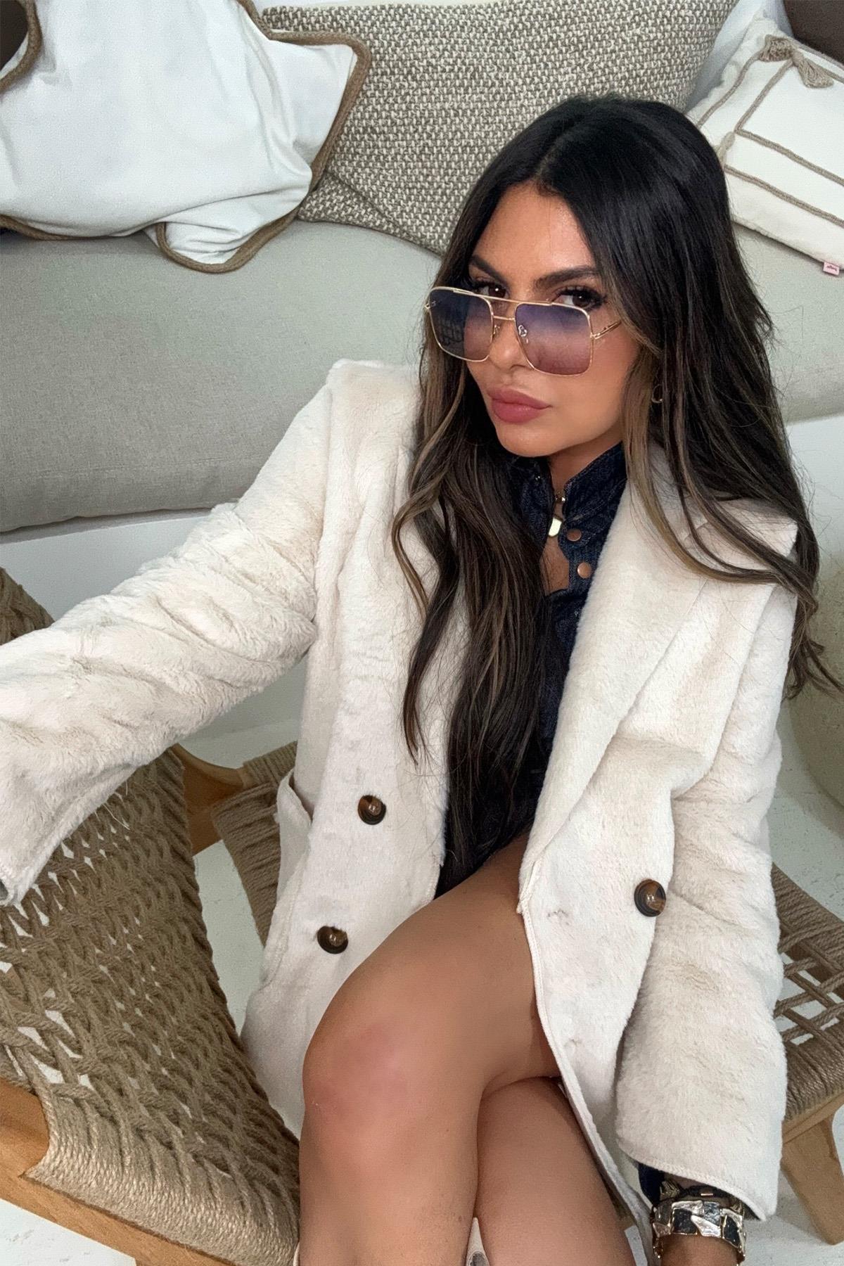 Kürk Kruvaze Blazer Ceket Taş
