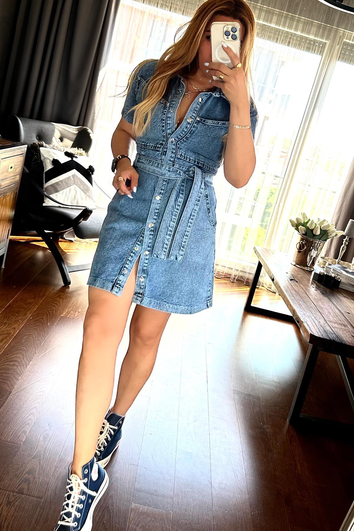 Kuşaklı Mini Jean Elbise Mavi