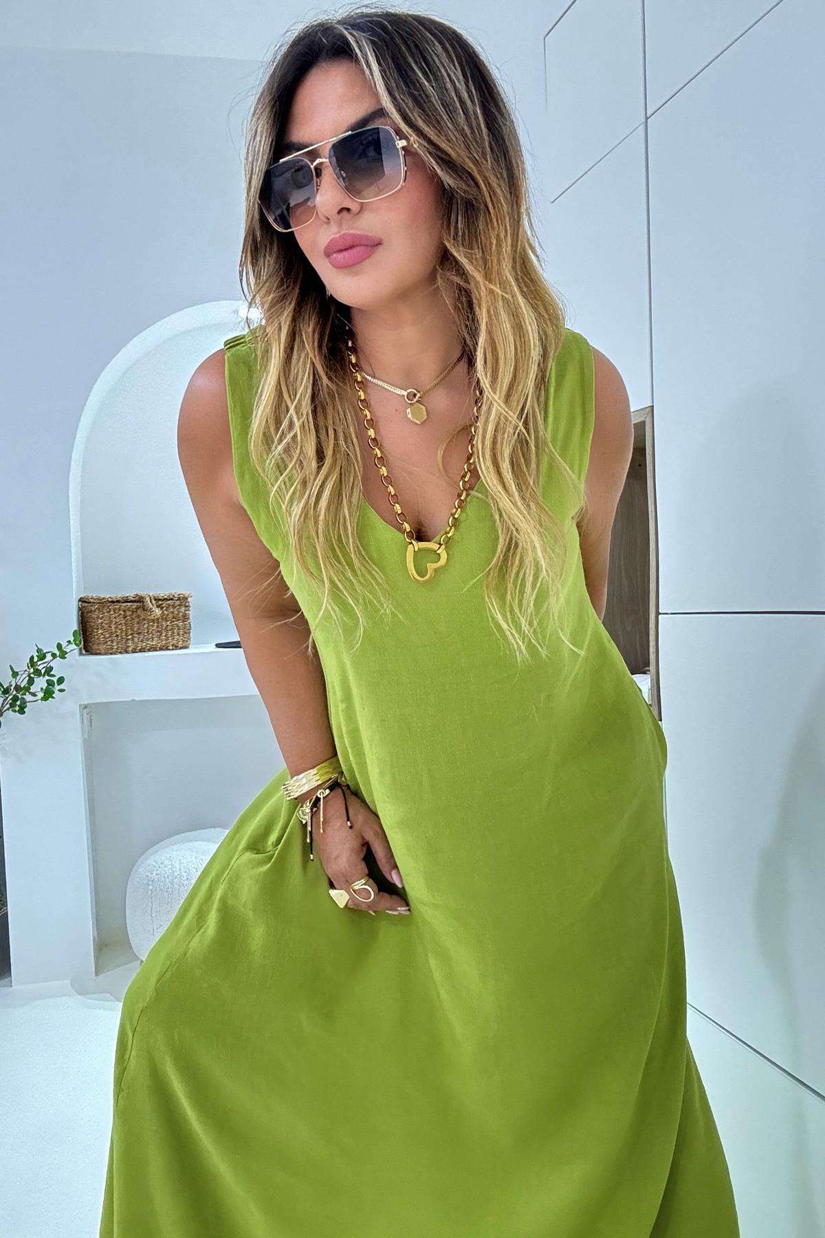 Lastik Askılı V Yaka Elbise Fıstık Yeşili