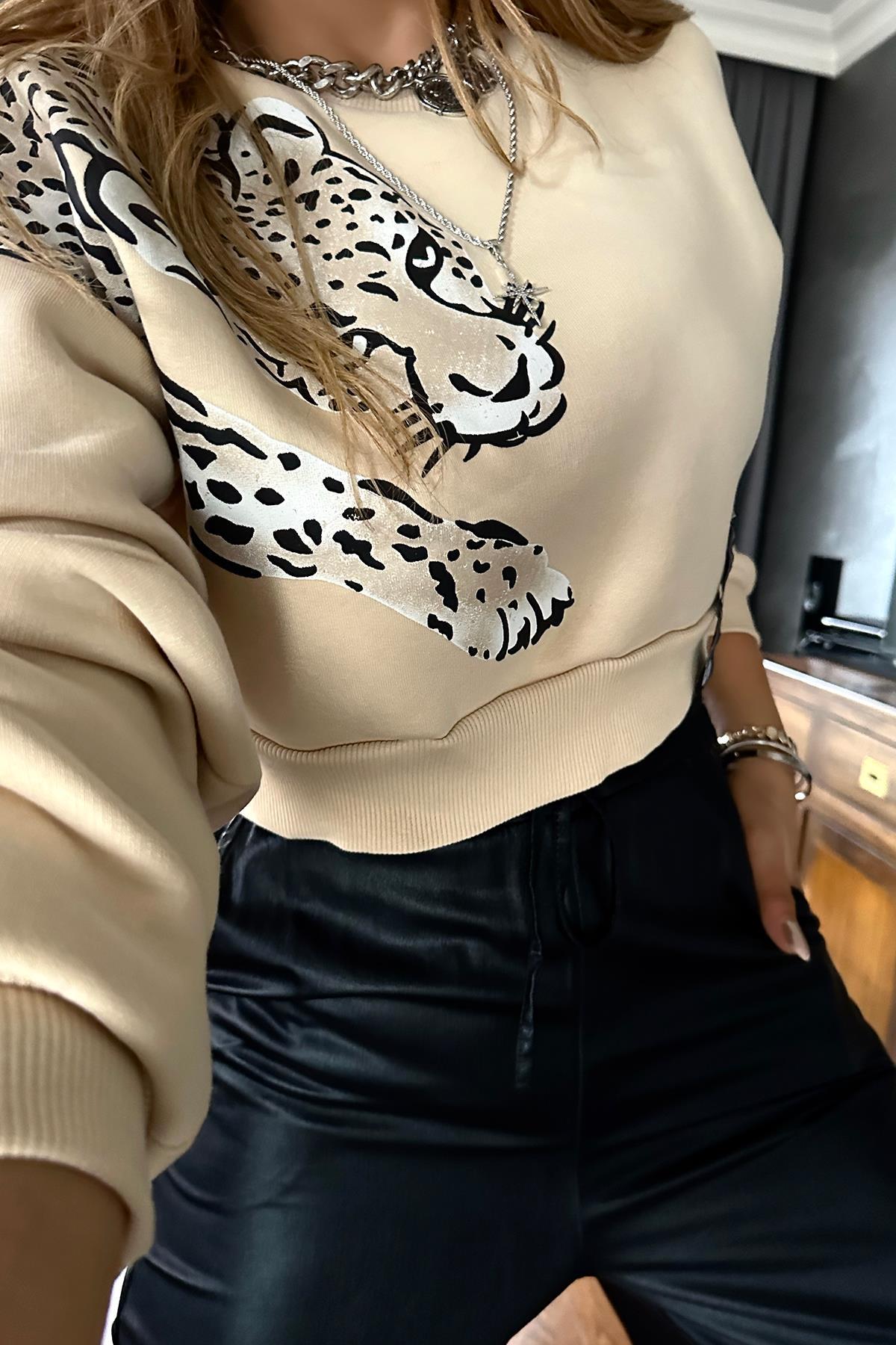 Leopar Baskılı Crop Sweat Krem