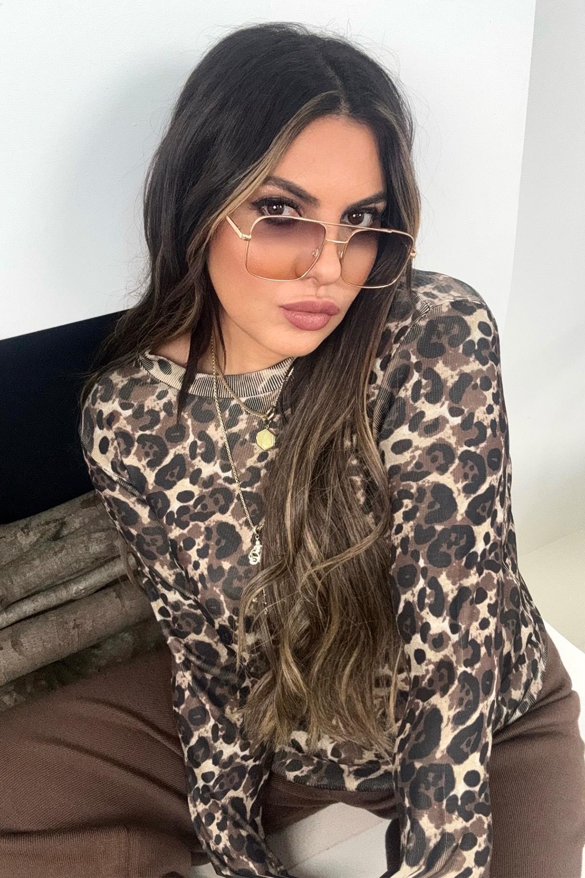 Leopar Desen Basic Triko Acı Kahve