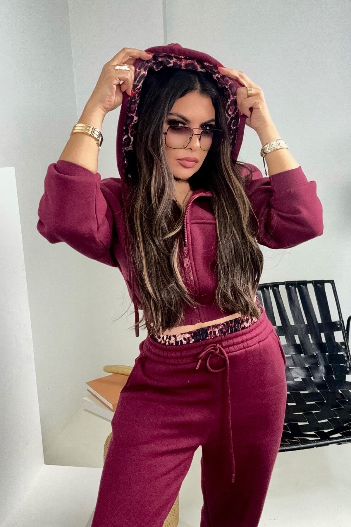 Leopar Garnili Eşofman Takım Bordo