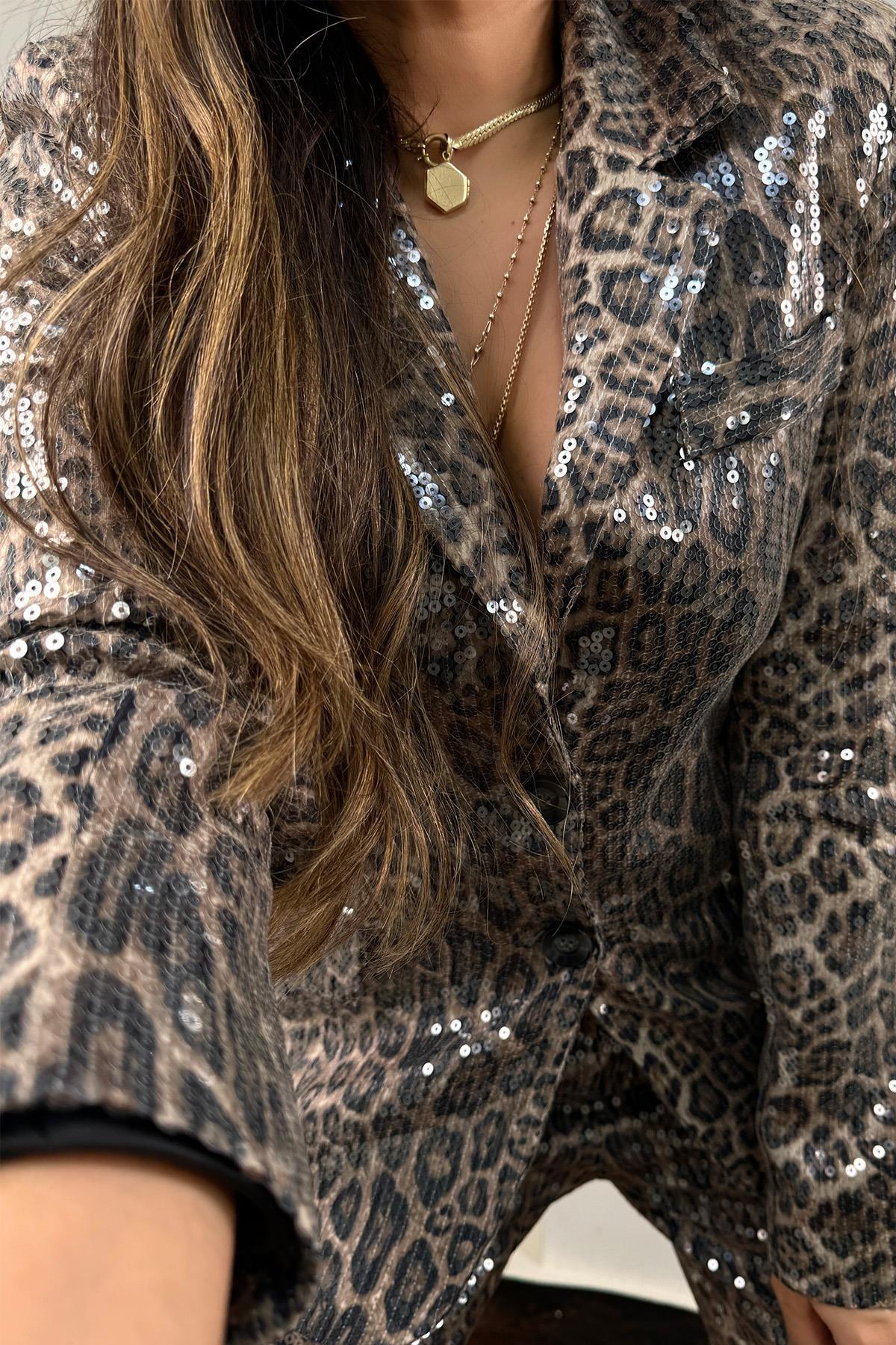 Leopar Payetli Blazer Ceket Siyah