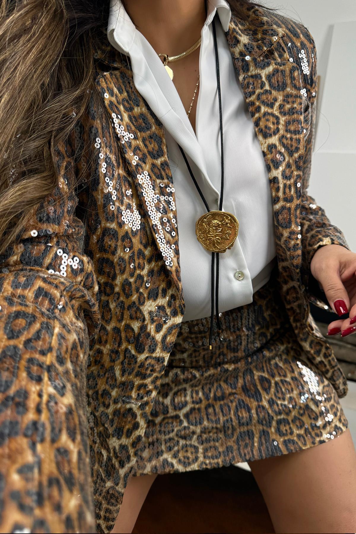 Leopar Payetli Blazer Ceket Taba