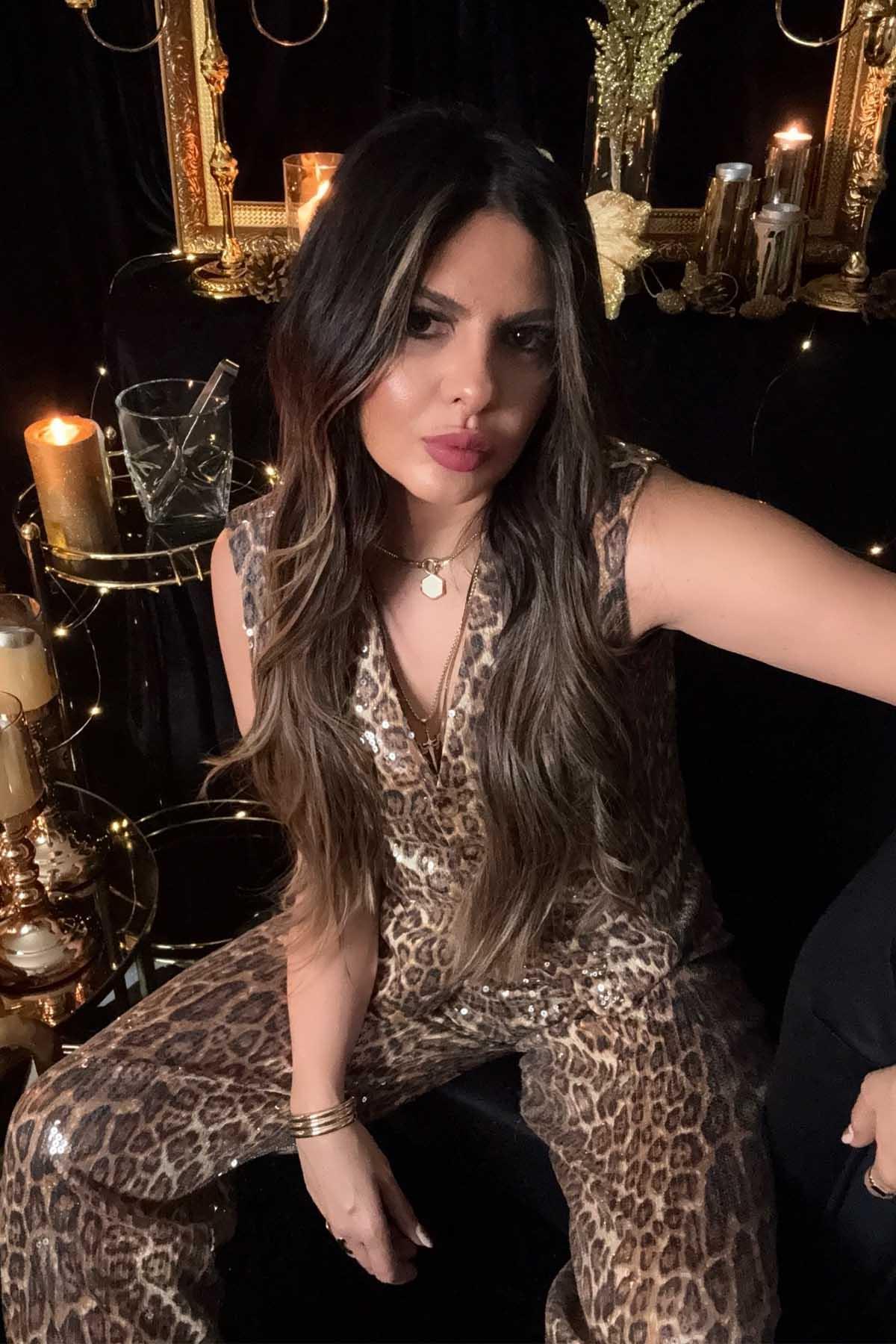 Leopar Payetli Yelek Taba