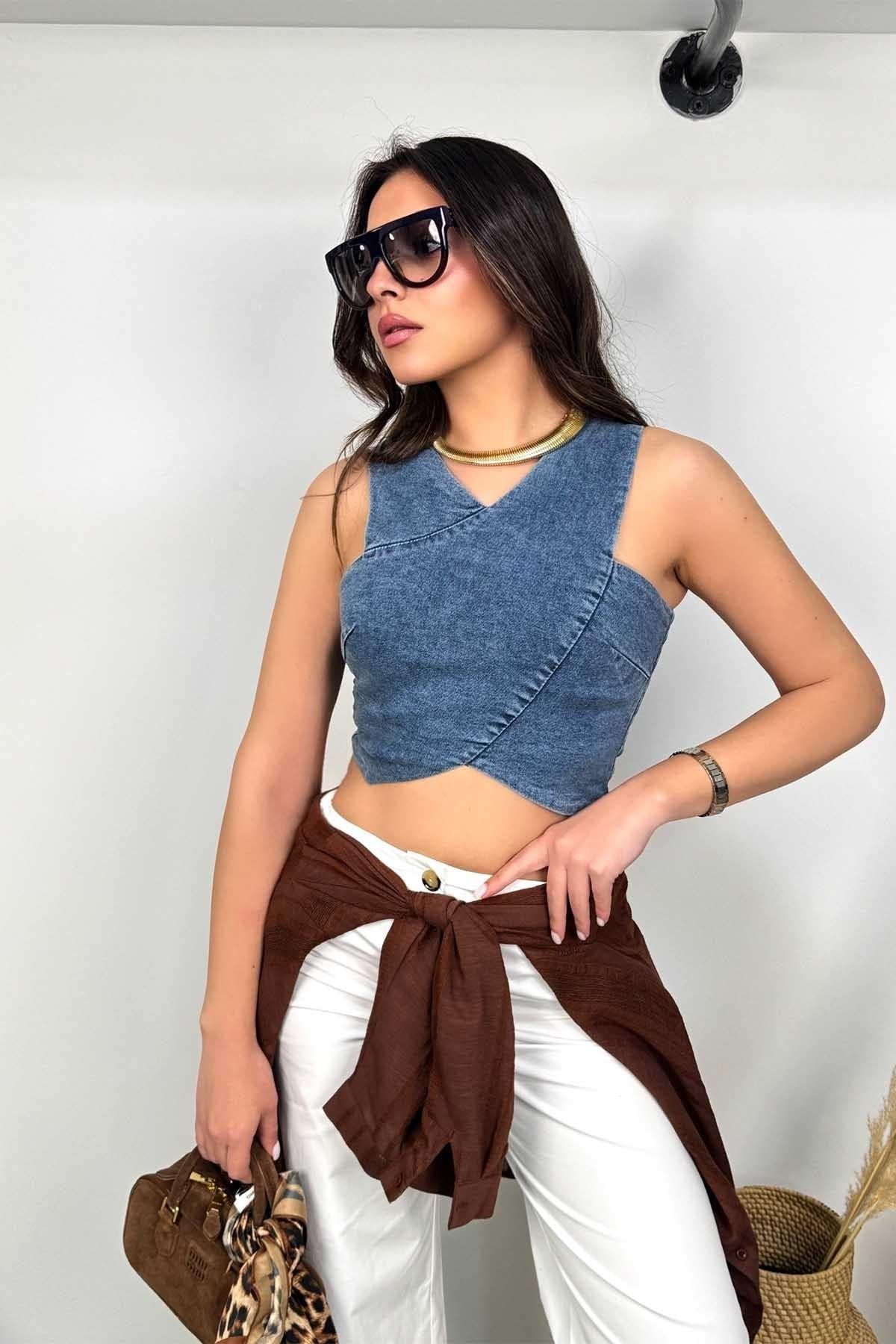 Likralı Jean Çapraz Kesim Crop Mavi