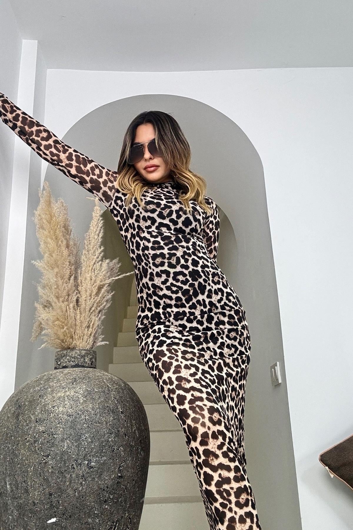 Likralı Yarım Balıkçı Yaka Elbise Leopar