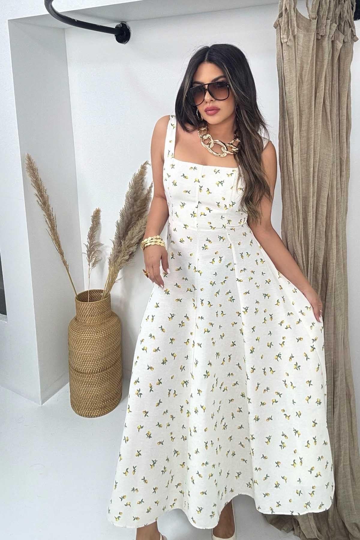 Limon Desen Kare Yaka Askılı Elbise Ekru-Sarı