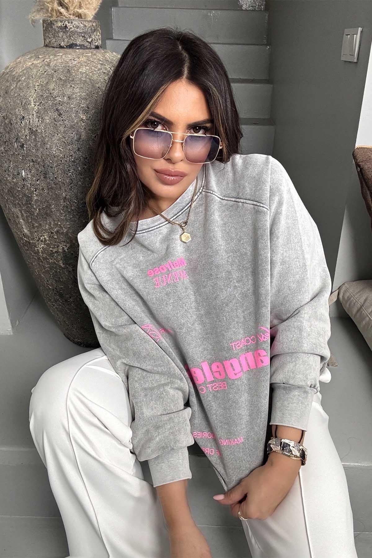 Los Angeles Yıkamalı Kısa Sweatshirt Açık Gri