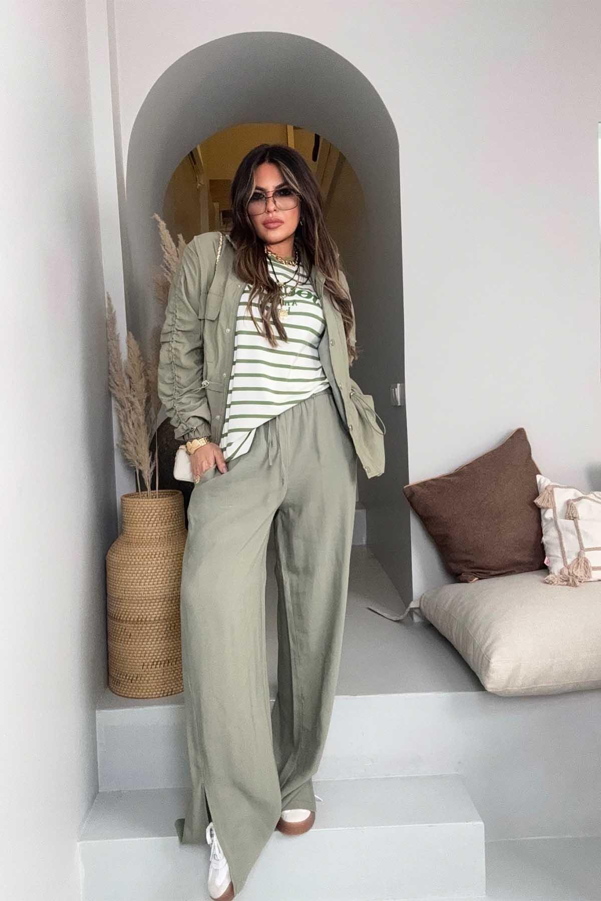 Lyocell Kumaş Beli Lastikli Bol Paça Pantolon Yağ Yeşili