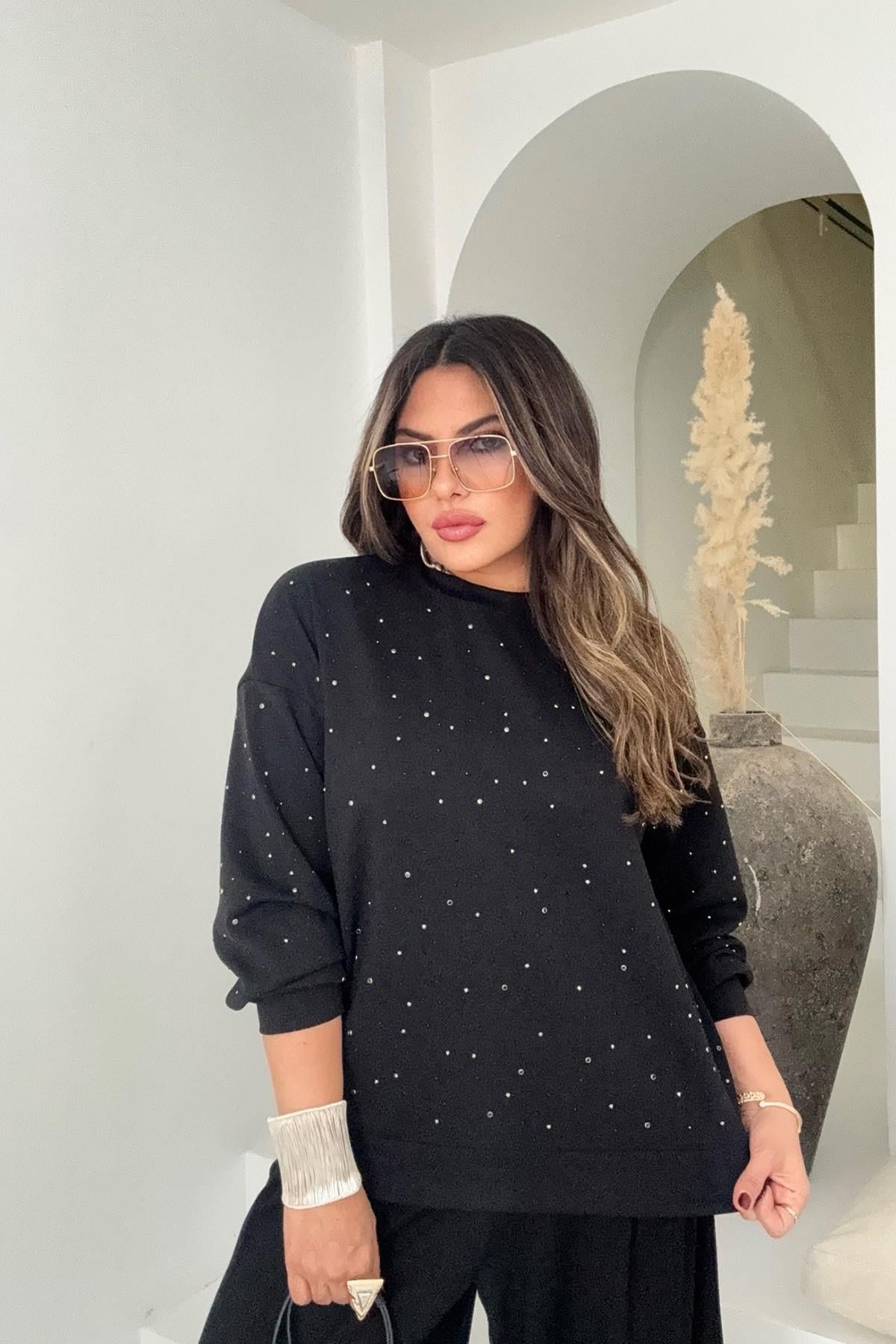 Marka Model Taşlı Modal Sweatshirt Siyah