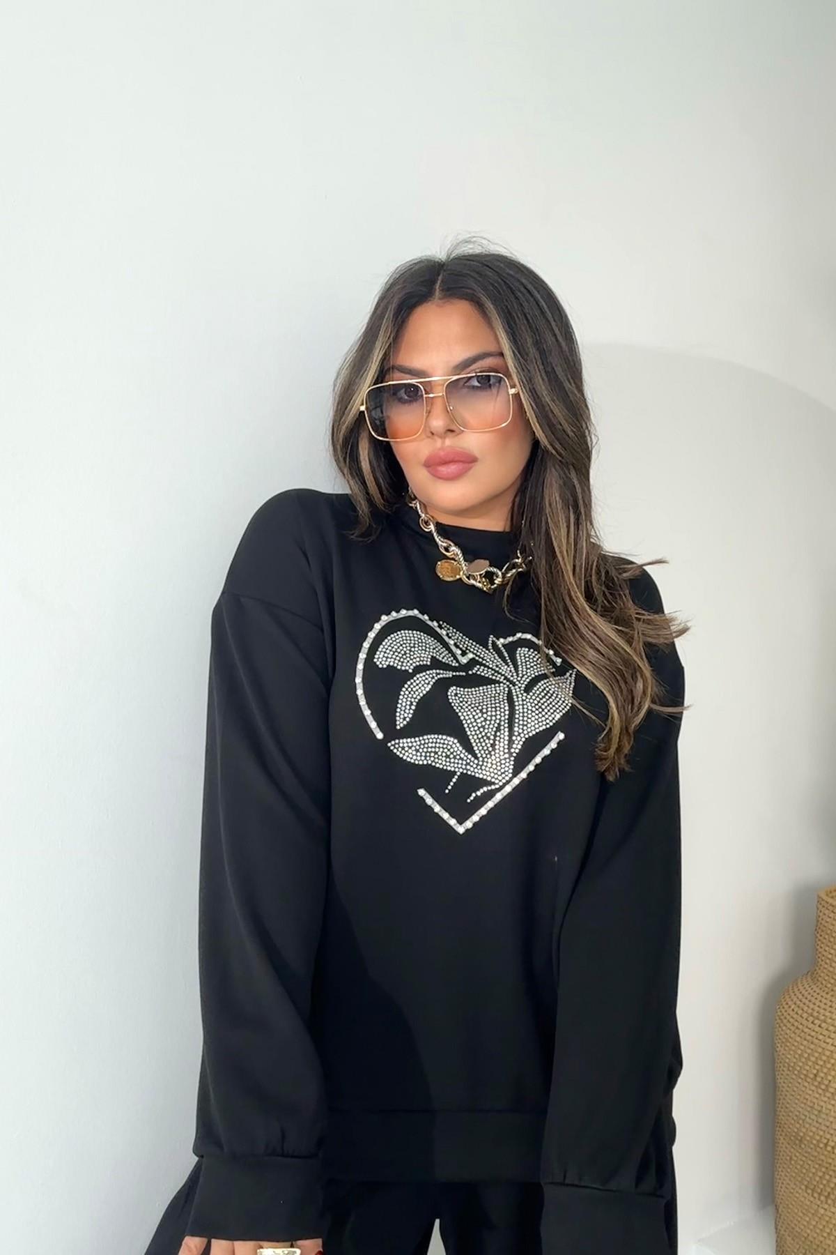 Marka Model Taşlı Yaprak Desen Sweatshirt Siyah