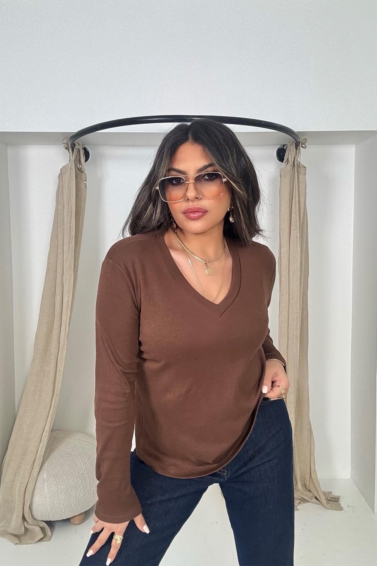 Massi Model V Yaka Uzun Kol Tshirt Kahve