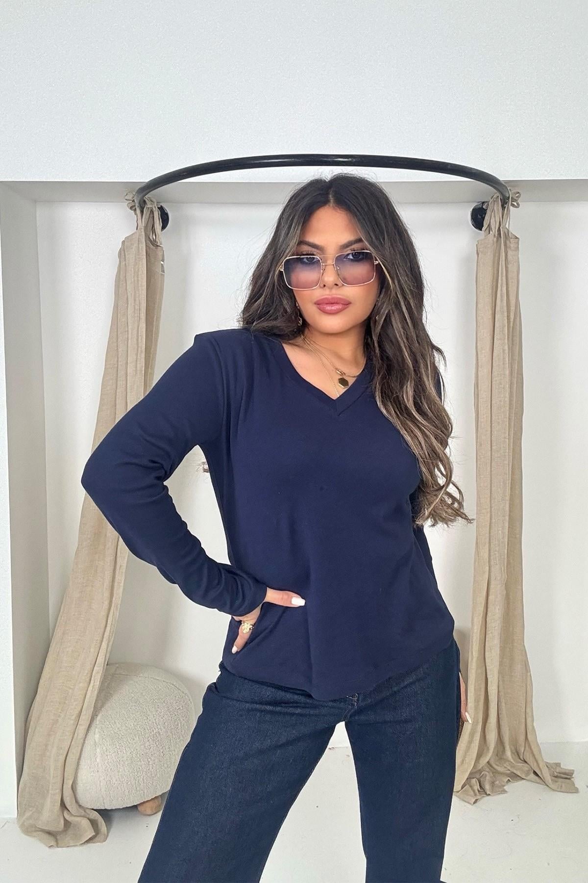 Massi Model V Yaka Uzun Kol Tshirt Lacivert