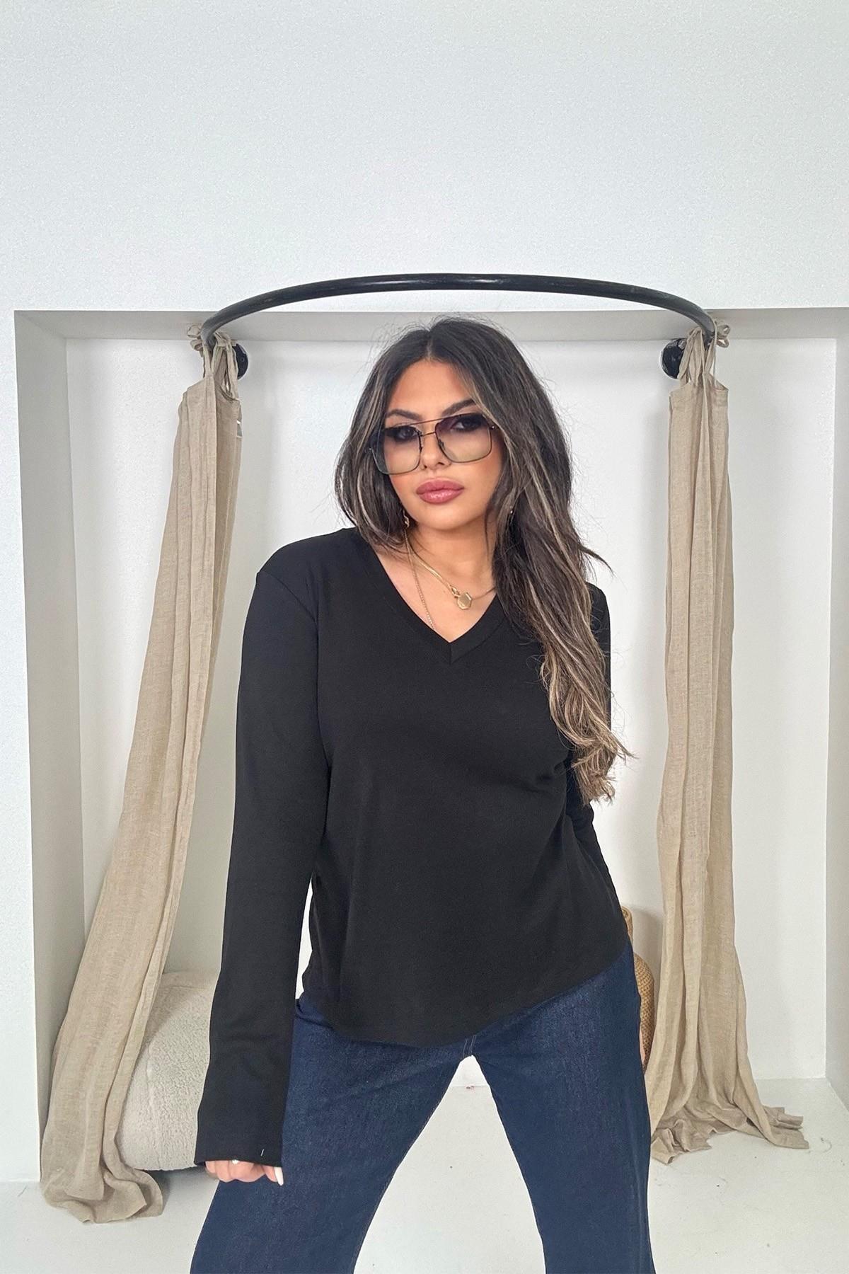 Massi Model V Yaka Uzun Kol Tshirt Siyah