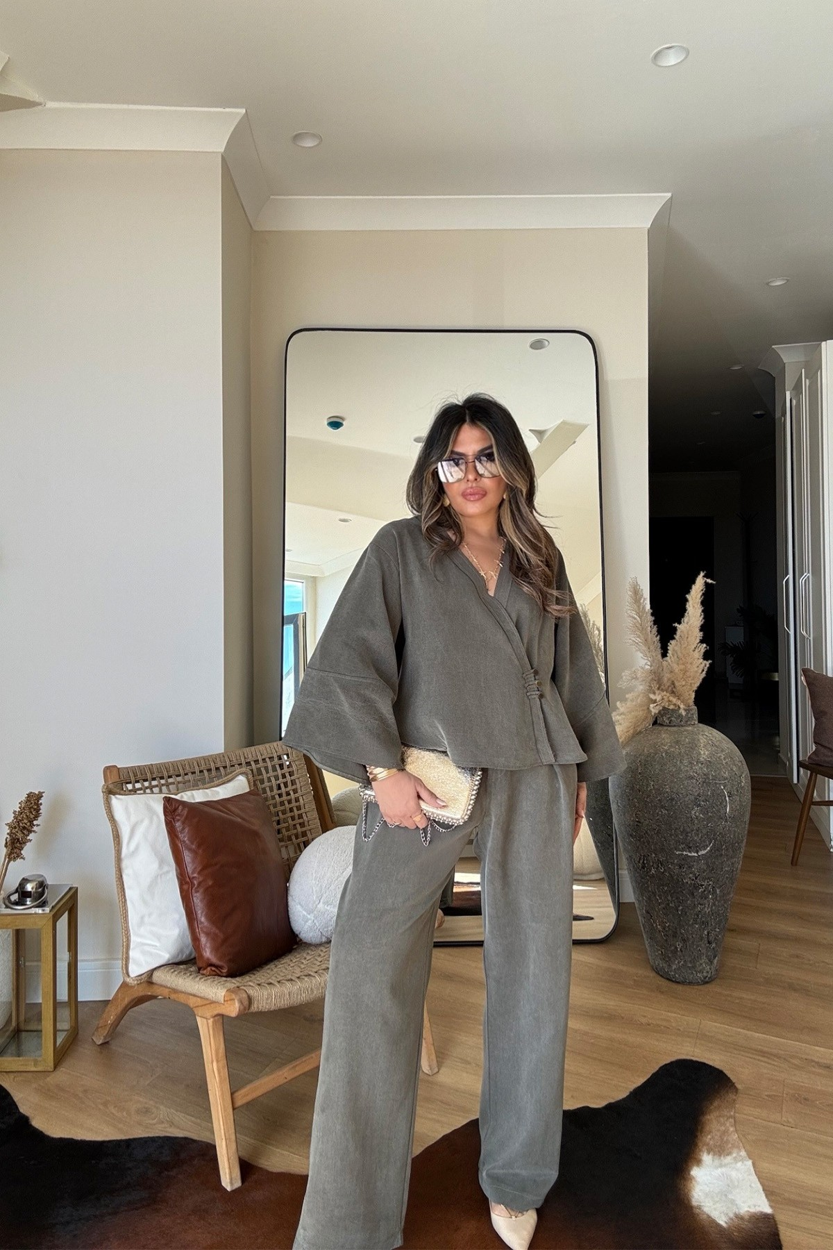 Massi Model Yıkamalı Kimono Model Takım Haki