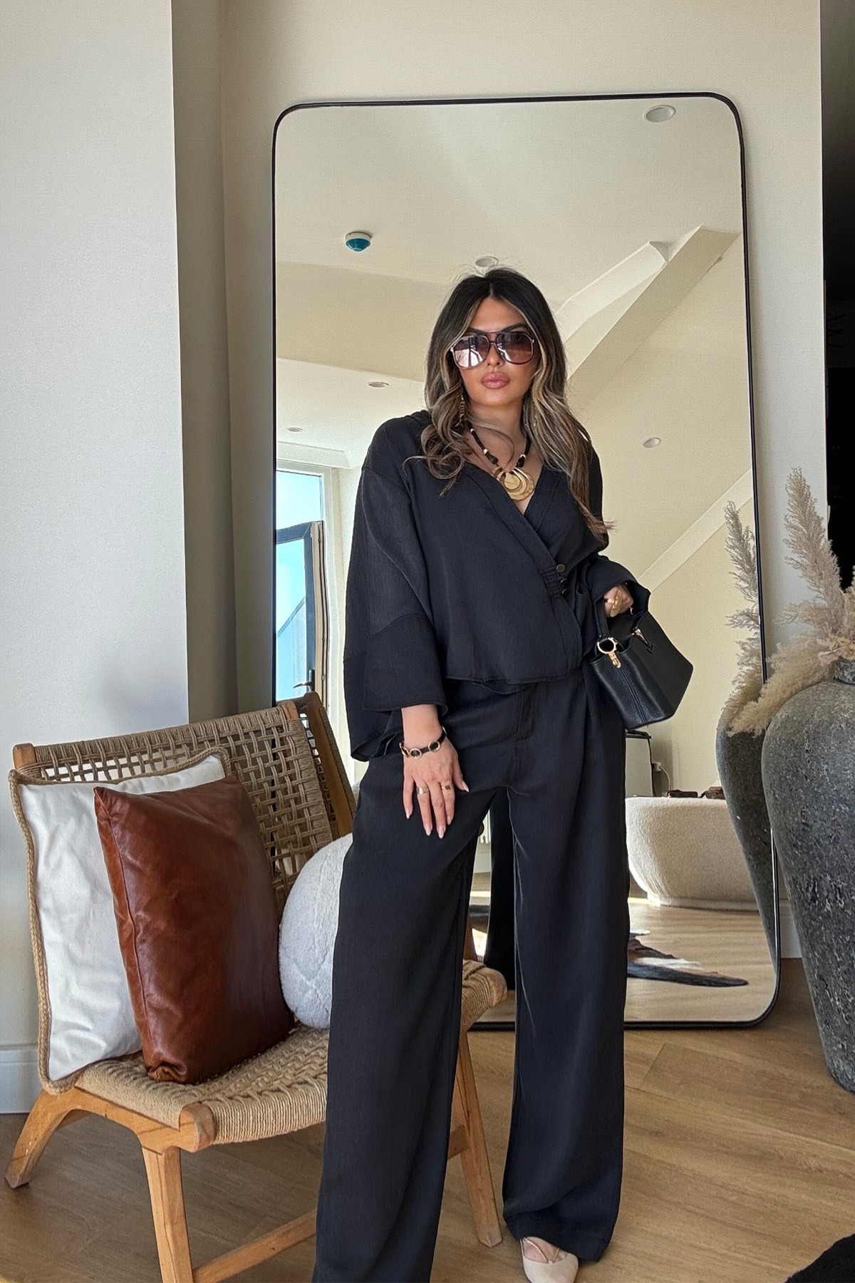 Massi Model Yıkamalı Kimono Model Takım Siyah