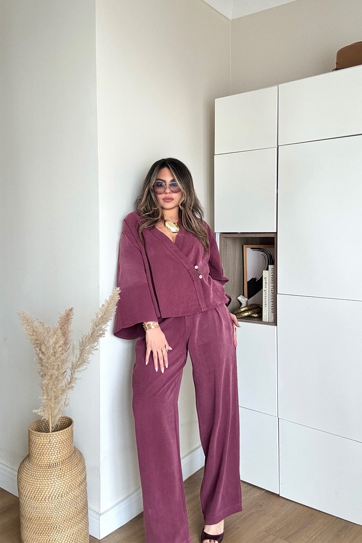 Massi Model Yıkamalı Kimono Model Takım Bordo