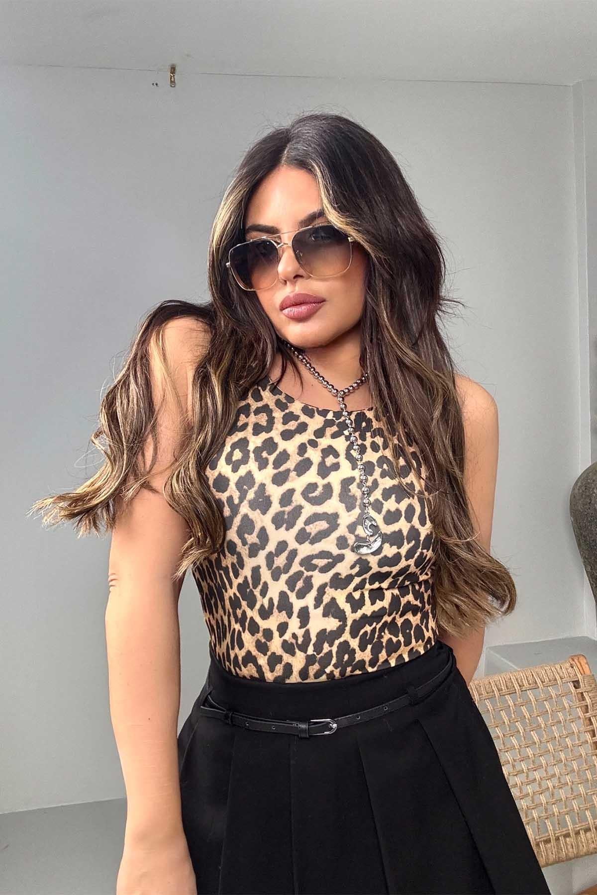 Mayo Kumaş Kolsuz Bodysuit Leopar
