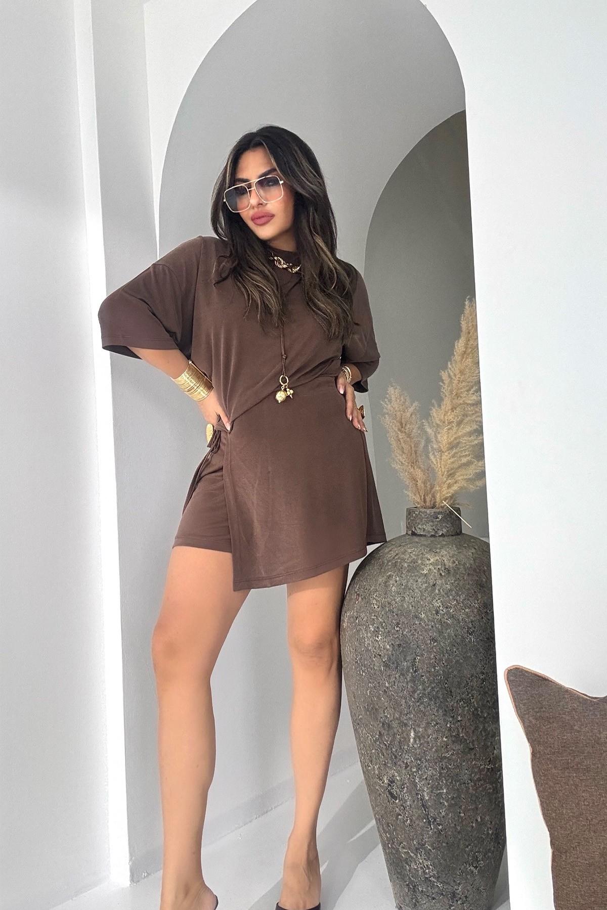 Modal Kumaş Kapaklı Şort Etek Acı Kahve