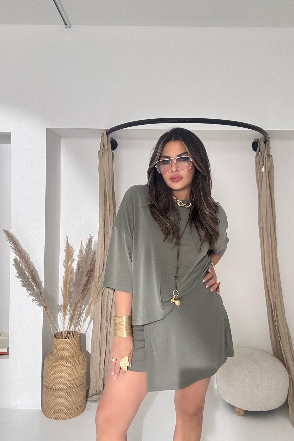 Modal Kumaş Kapaklı Şort Etek Haki