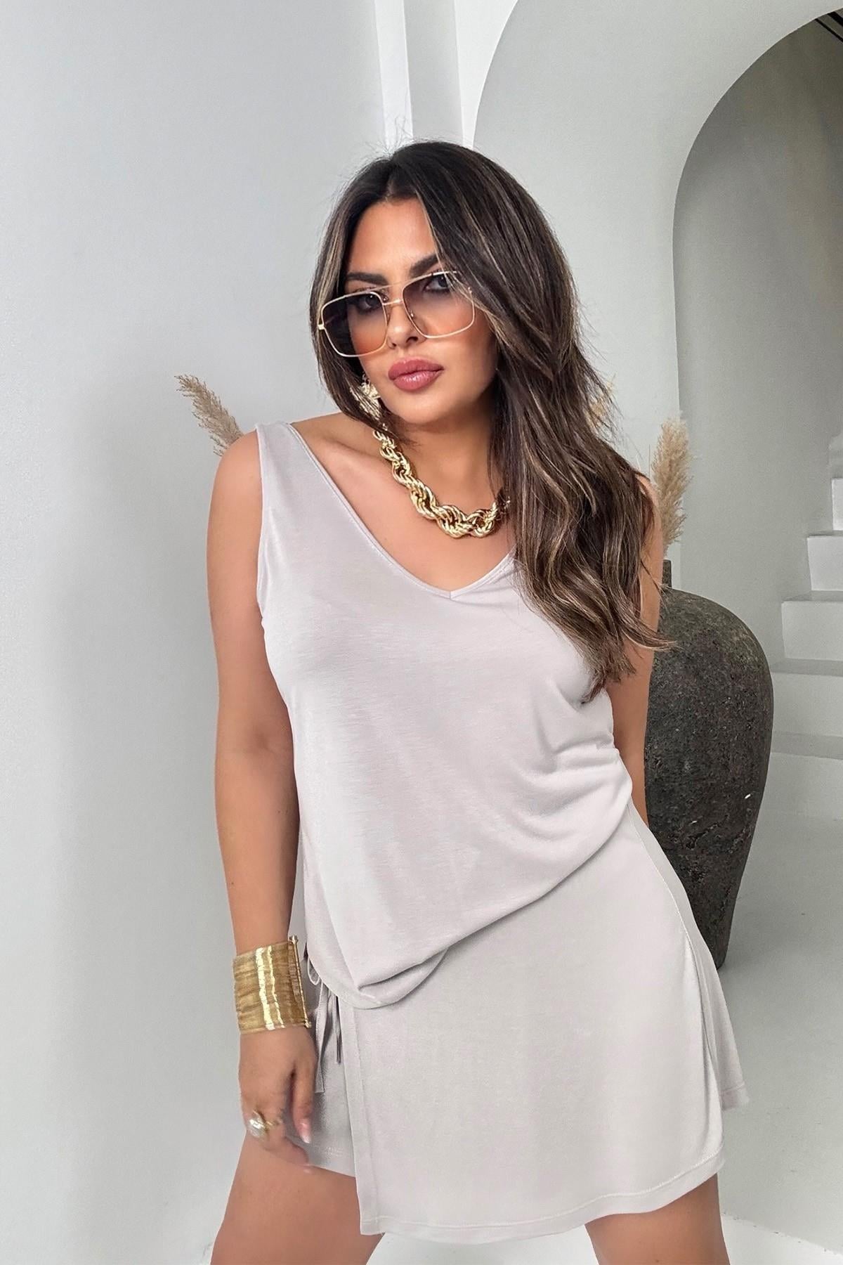 Modal Kumaş Kapaklı Şort Etek Taş