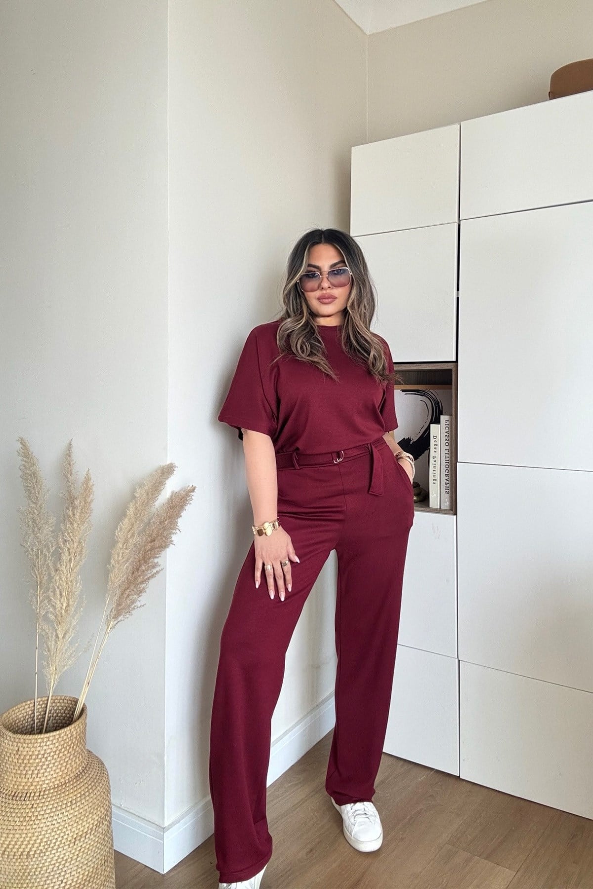Modal Kumaş Kemerli Takım Bordo