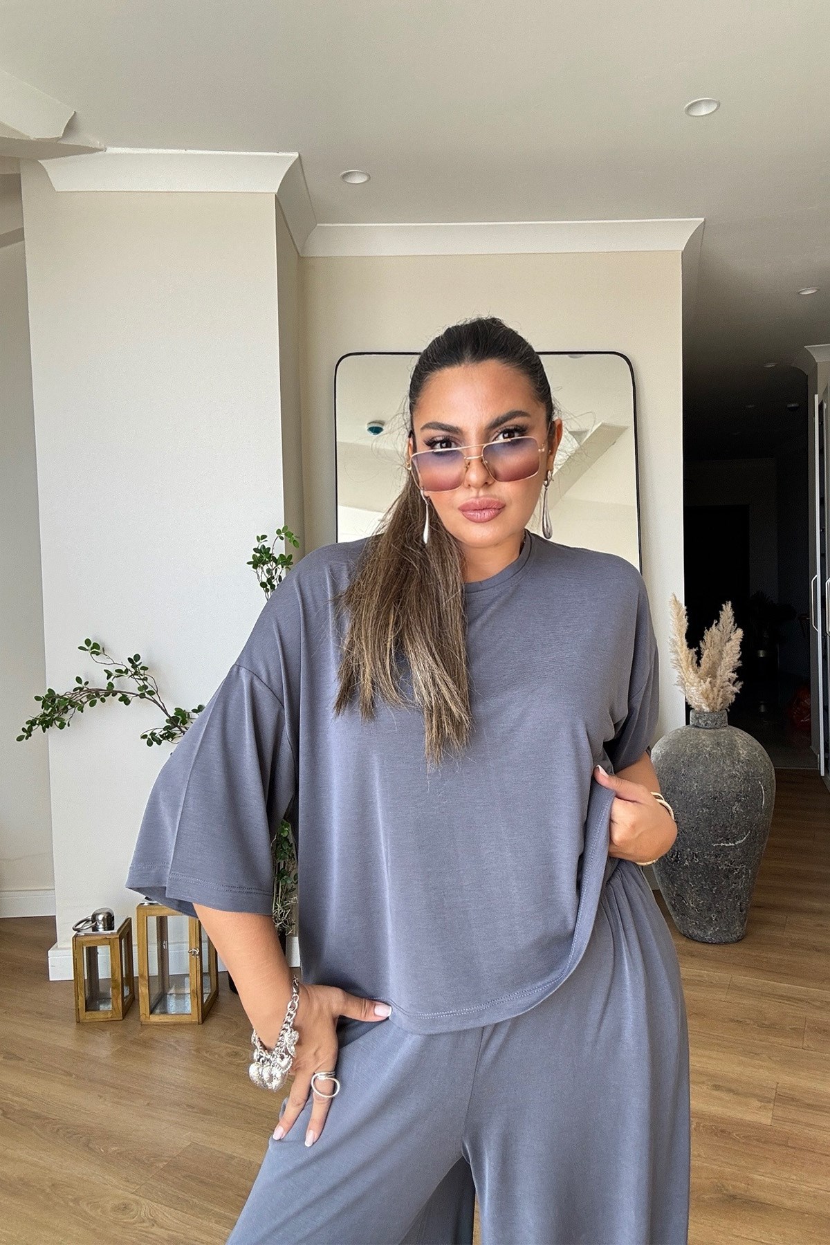 Modal Kumaş Oversize Tshirt Gri