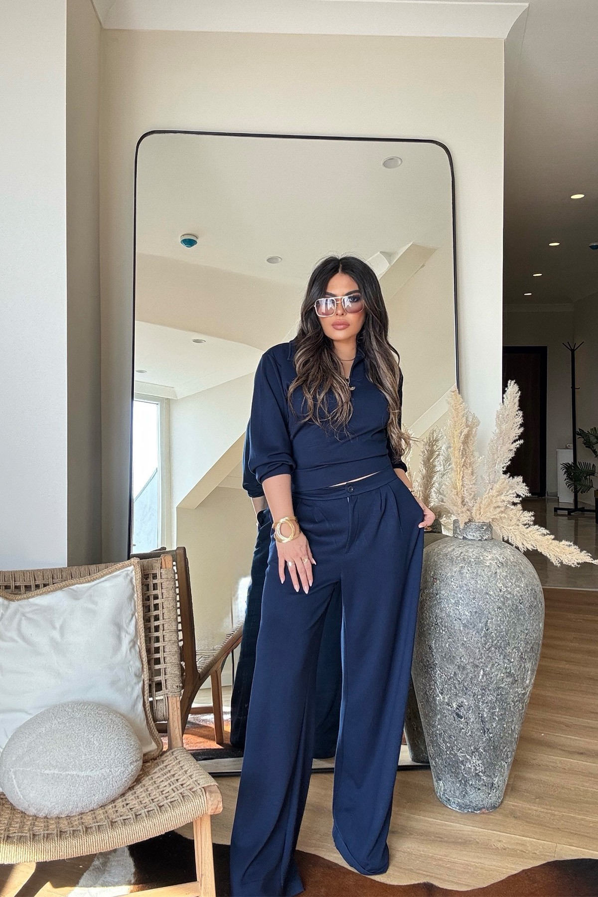 Modal Palazzo Pantolonlu Bluz Takım Lacivert