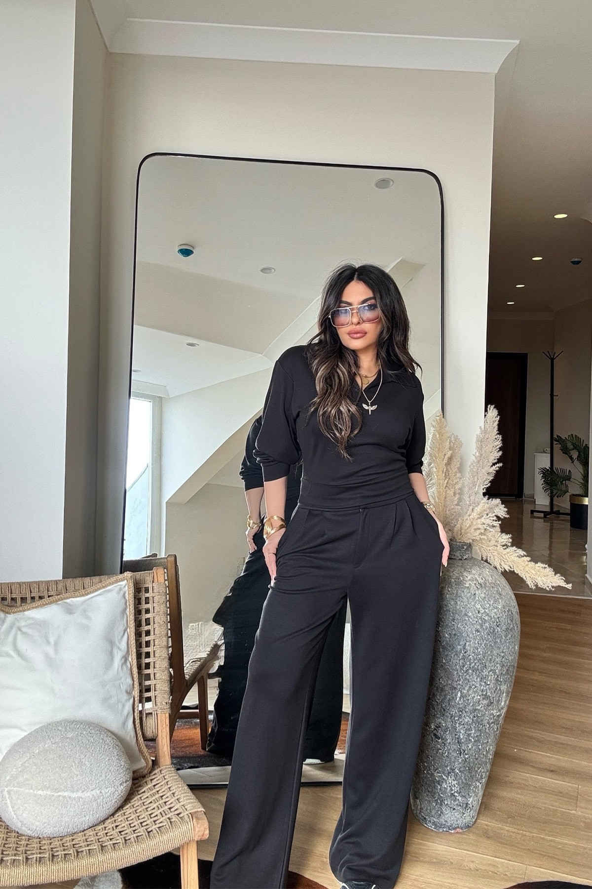 Modal Palazzo Pantolonlu Bluz Takım Siyah