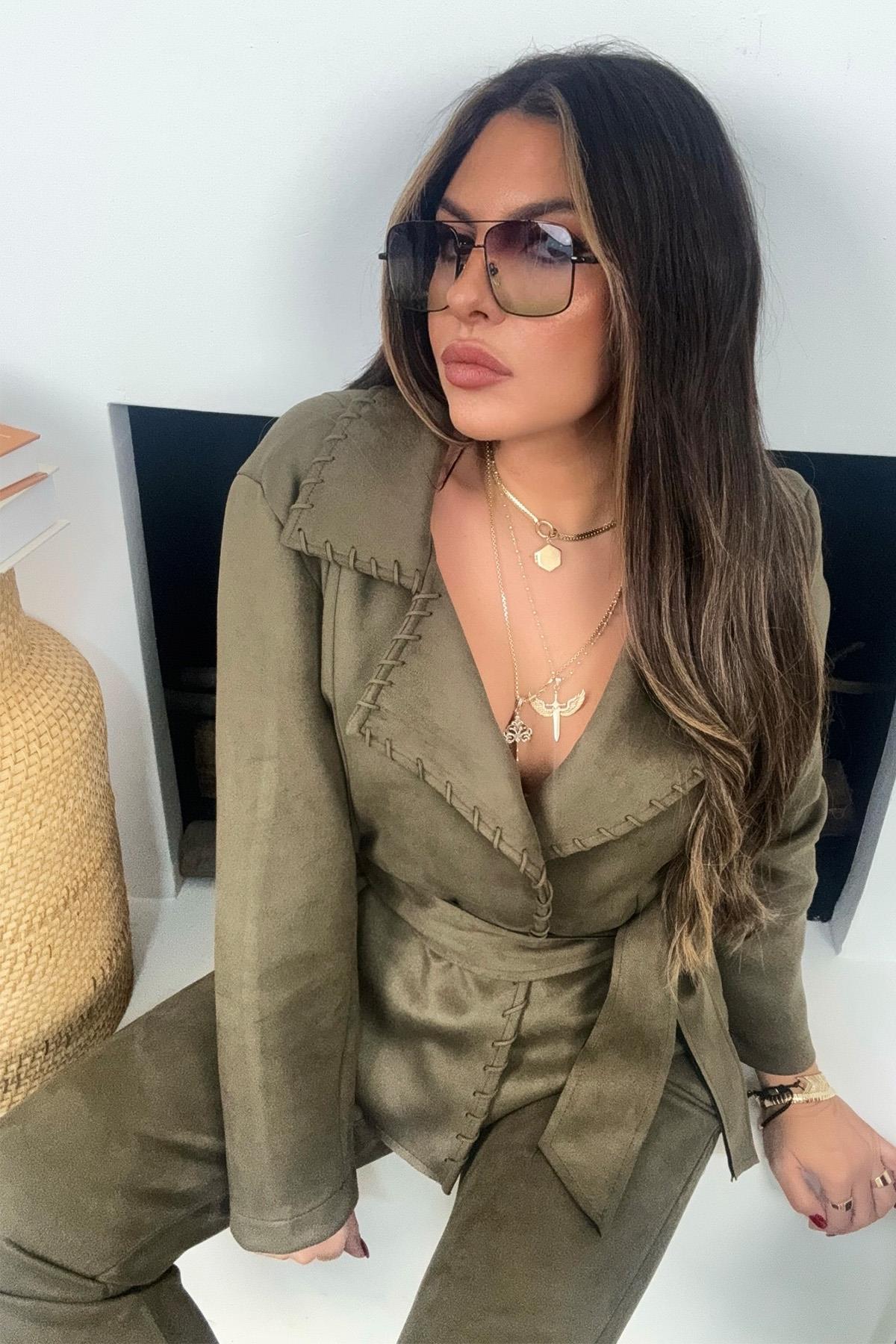 NW Model Çoban Dikişli Güderi Ceket Haki