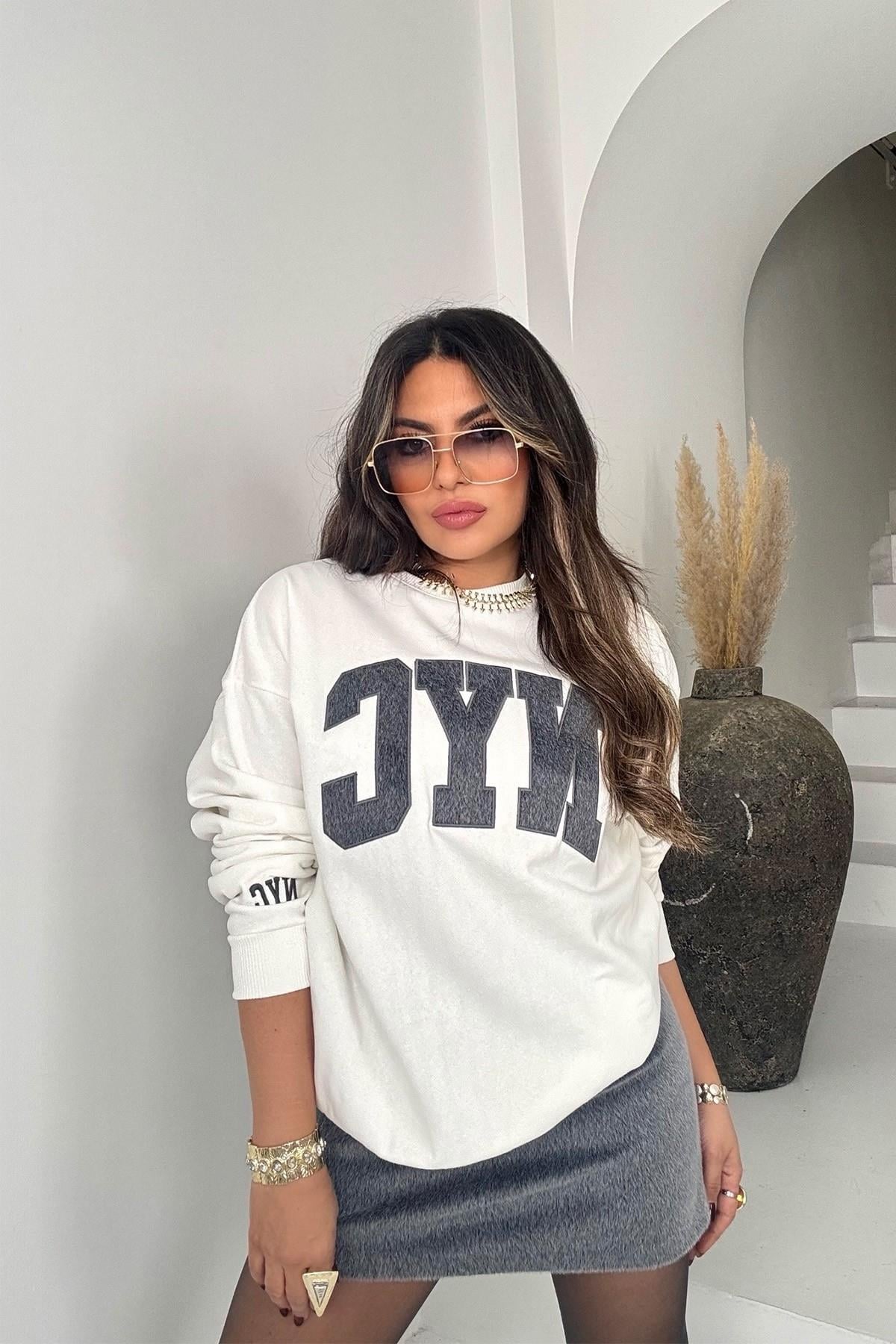 NYC Kürklü Sweat Etek Takım Ekru-Füme
