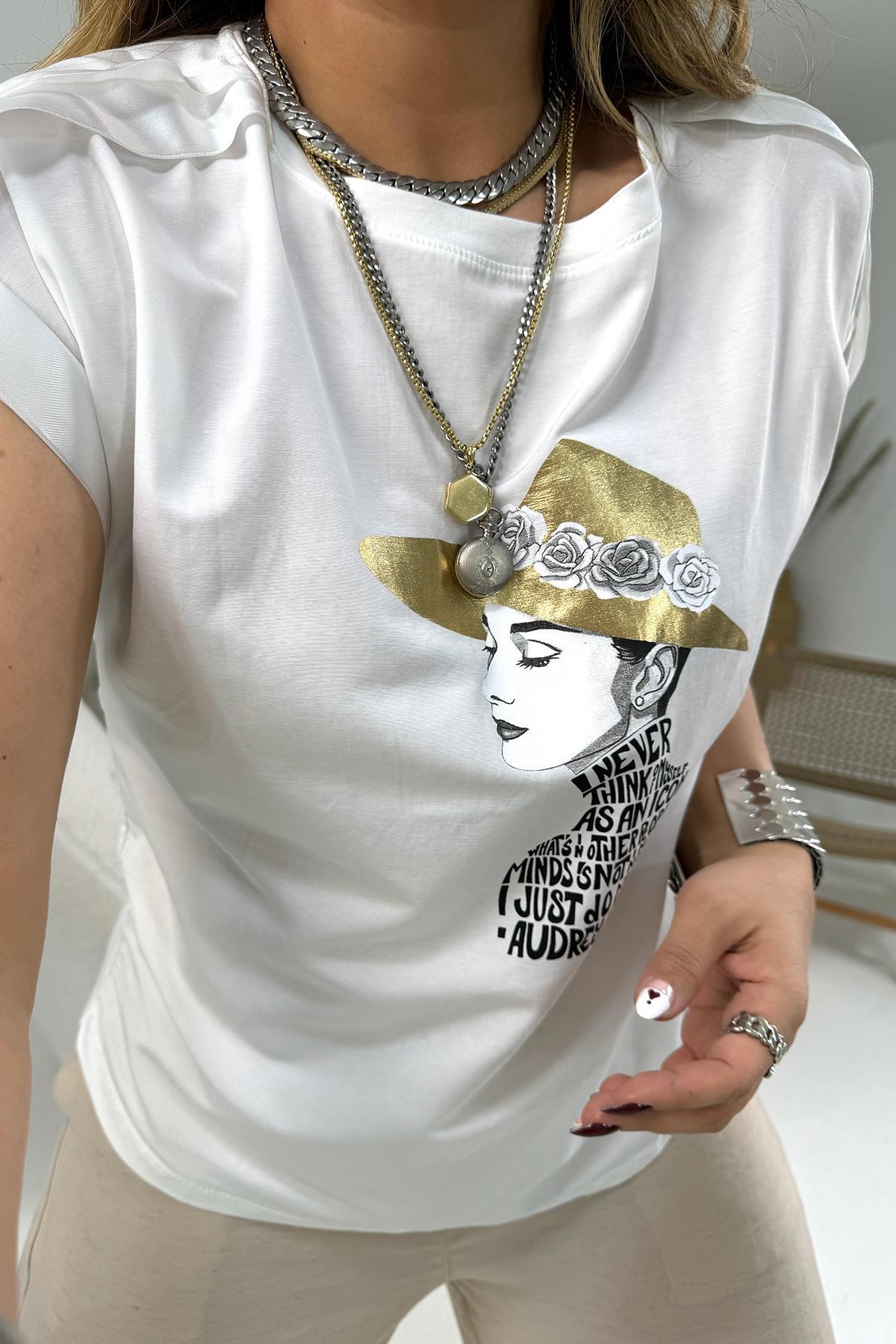 Önü Poplin Kurdele Biyeli Tshirt Ekru