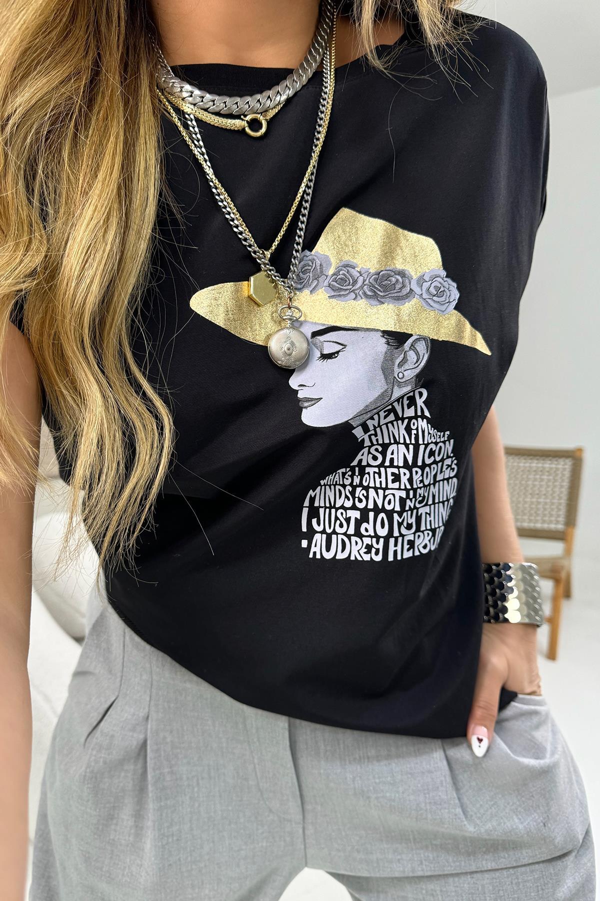 Önü Poplin Kurdele Biyeli Tshirt Siyah