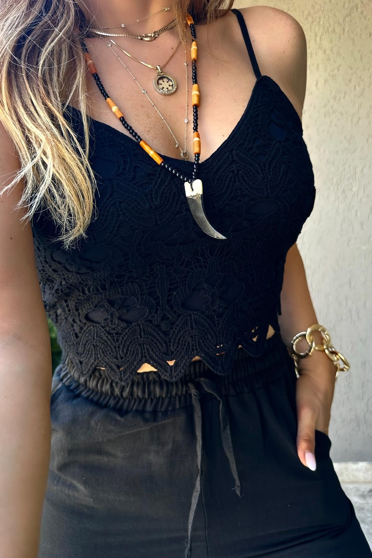 Örgü Dantel İşleme Crop Siyah