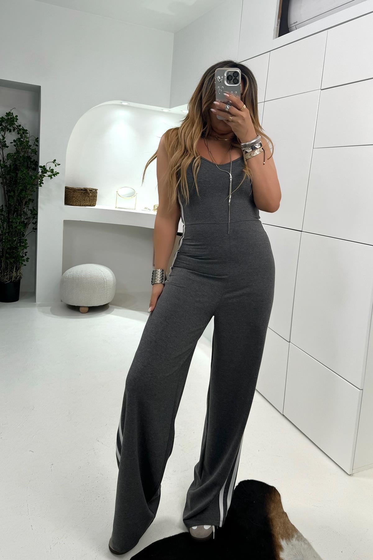 Örme Kumaş Yanları Şeritli Askılı Tulum Füme