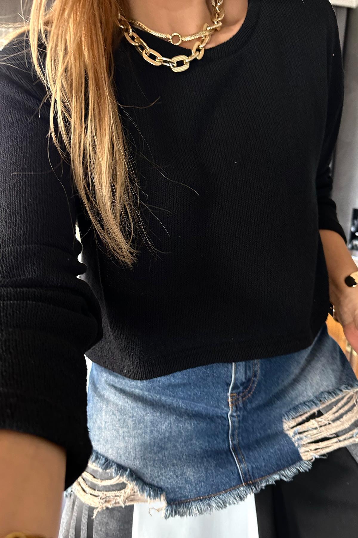 Örme Triko Kumaş Crop Siyah