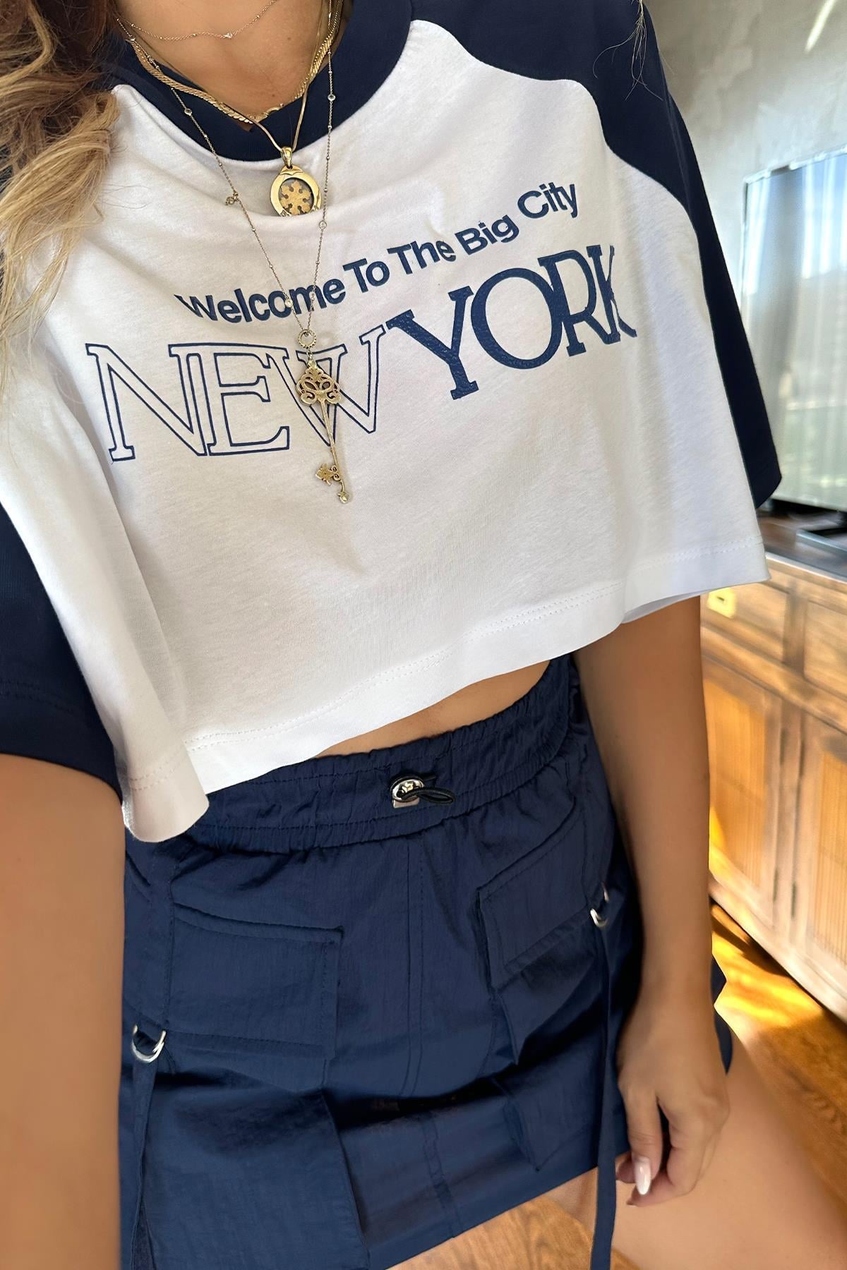 Oversize Crop Newyork Tshirt Lacivert-Beyaz