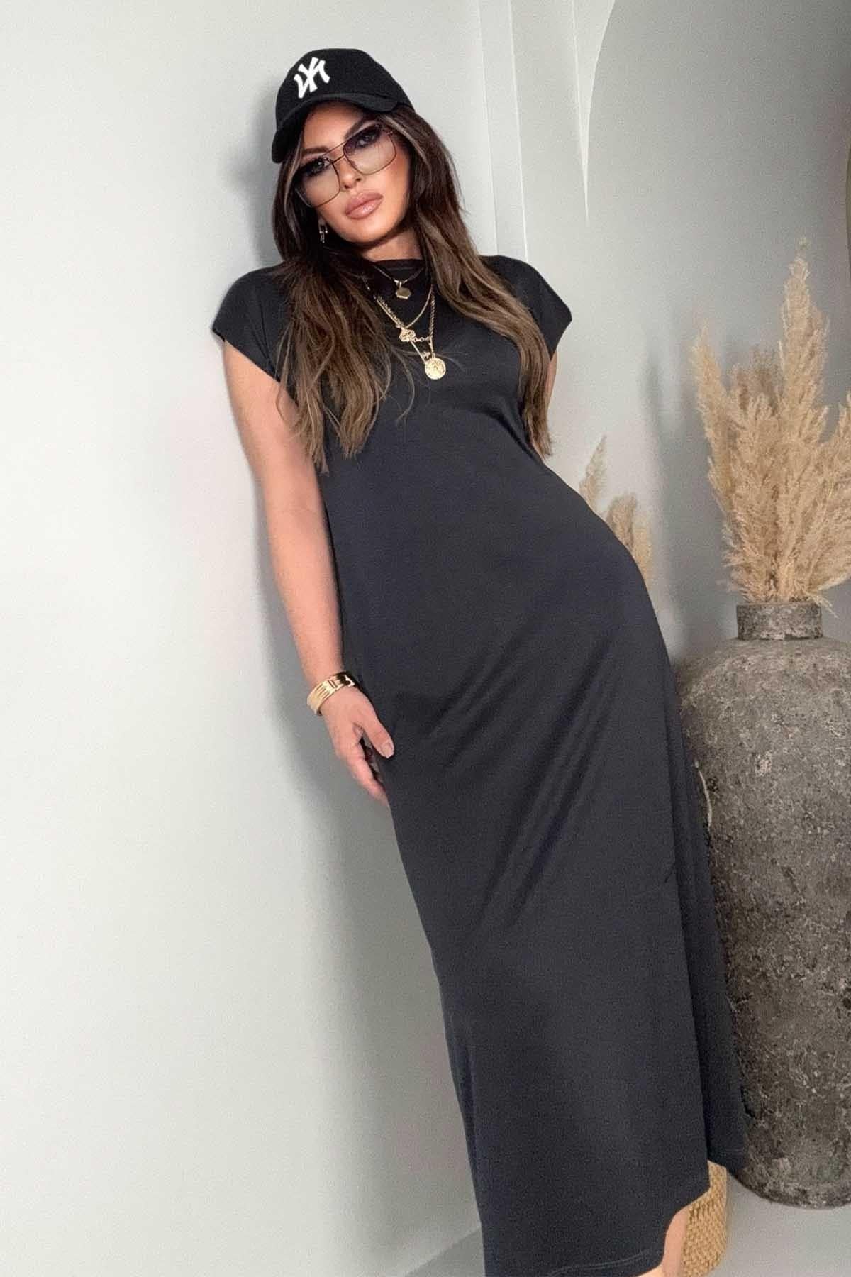 Oysh Model Vatkalı Midi Elbise Antrasit