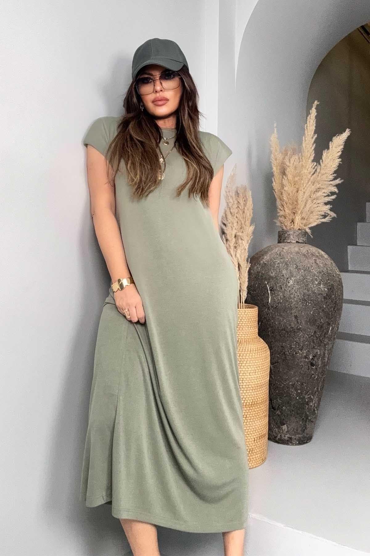 Oysh Model Vatkalı Midi Elbise Haki