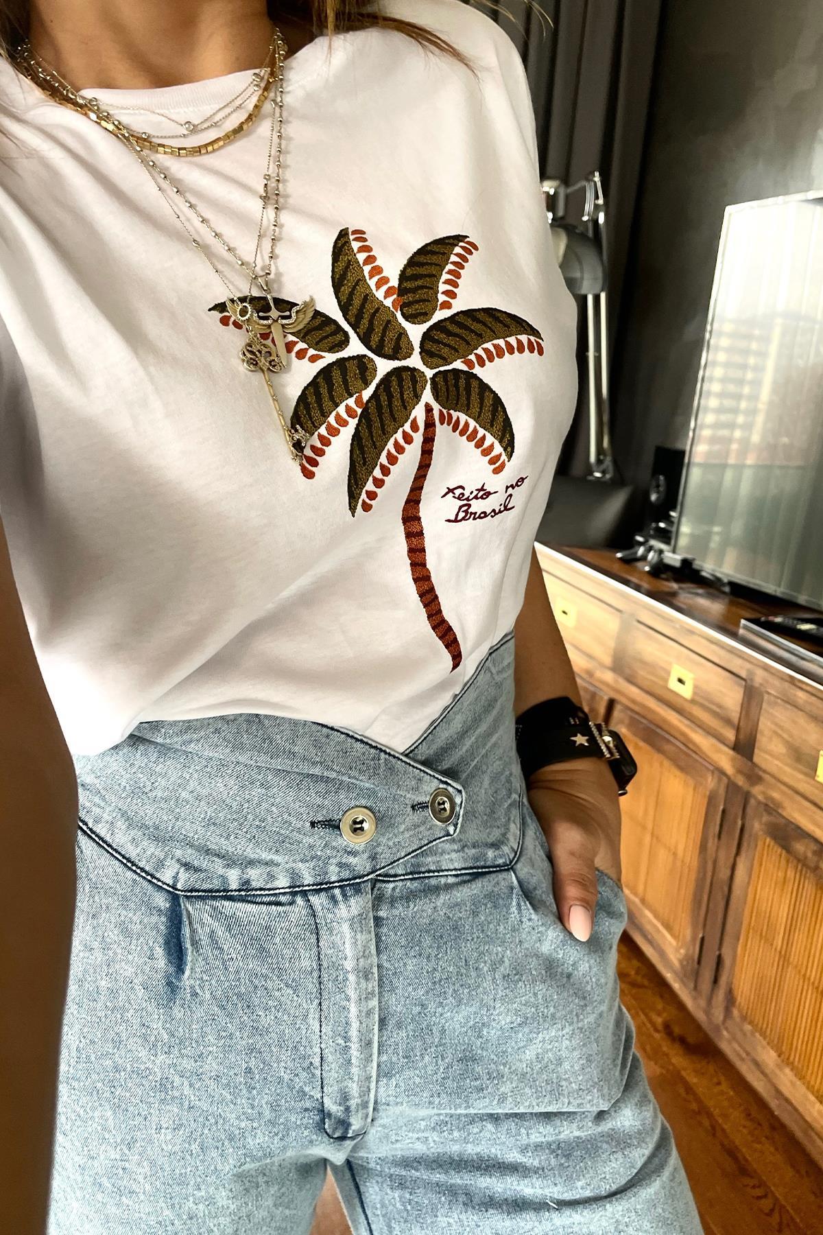 Palmiye Baskılı Tshirt Beyaz
