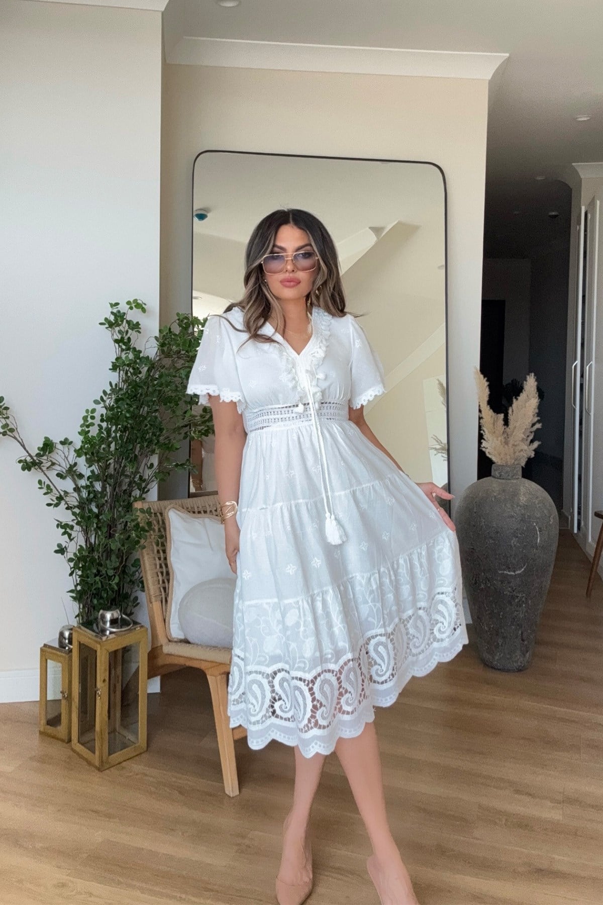 Pamuk İşleme Ve Brodeli Elbise Ekru