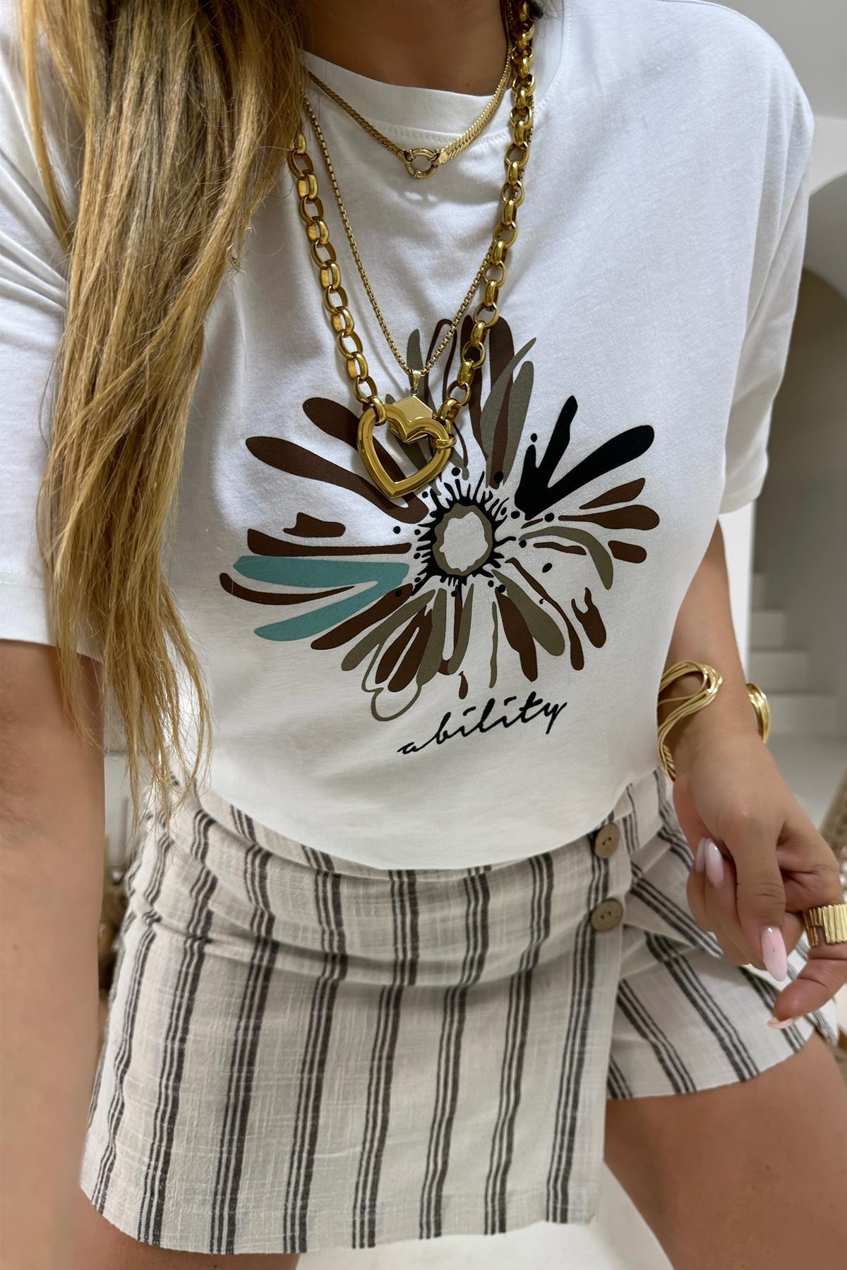 Papatya Baskılı Tshirt Ekru