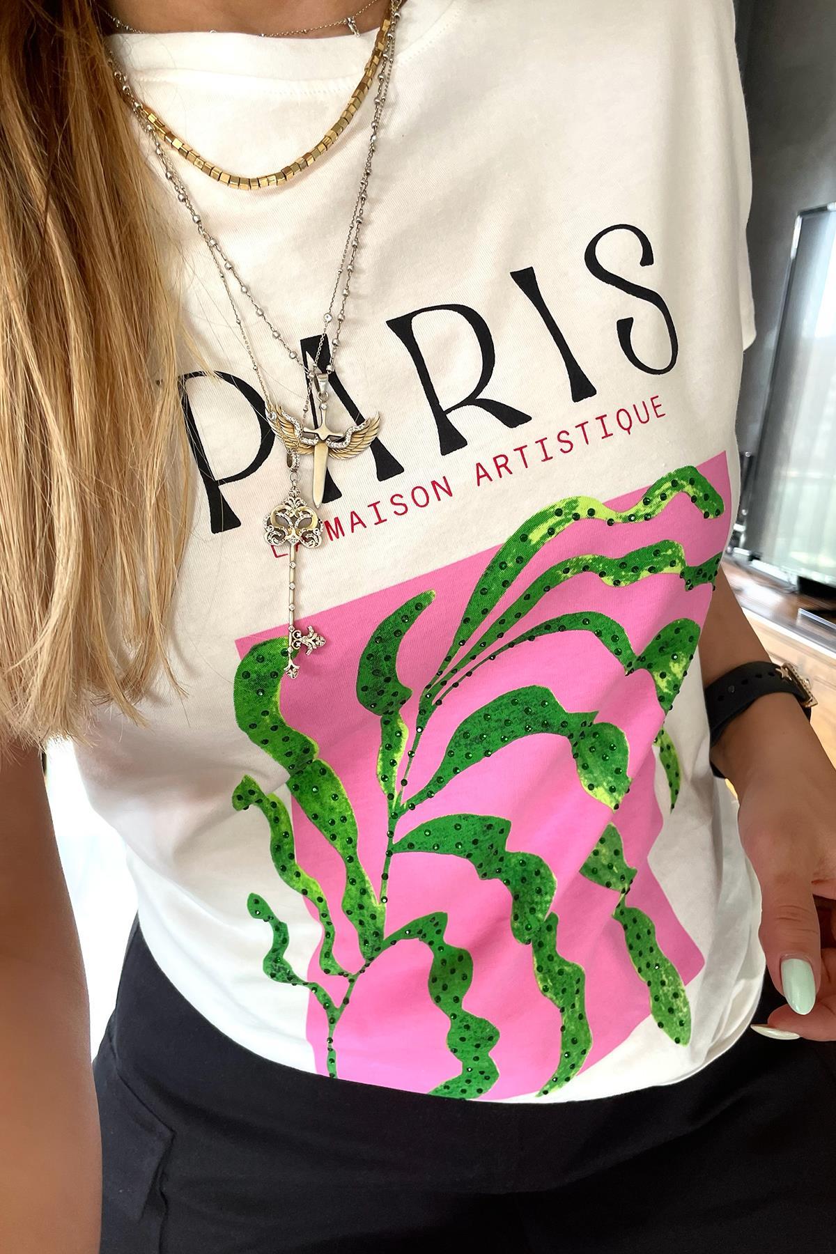 Paris Taşlı Tshirt Ekru
