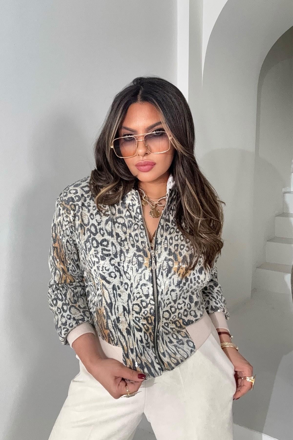 Payetli Leopar Bomber Ceket Taş